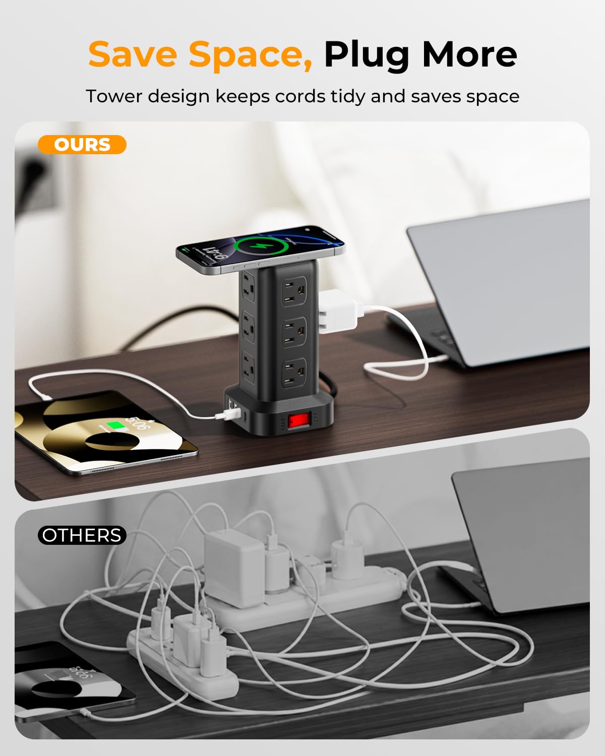 Tower Surge Protector Power Strip with 12 Outlets 4 USB (1 USB C), 6.5Feet Extension Cord with Multiple Outlets, Charging Station, Power Strip Tower, Office Desk Supplies