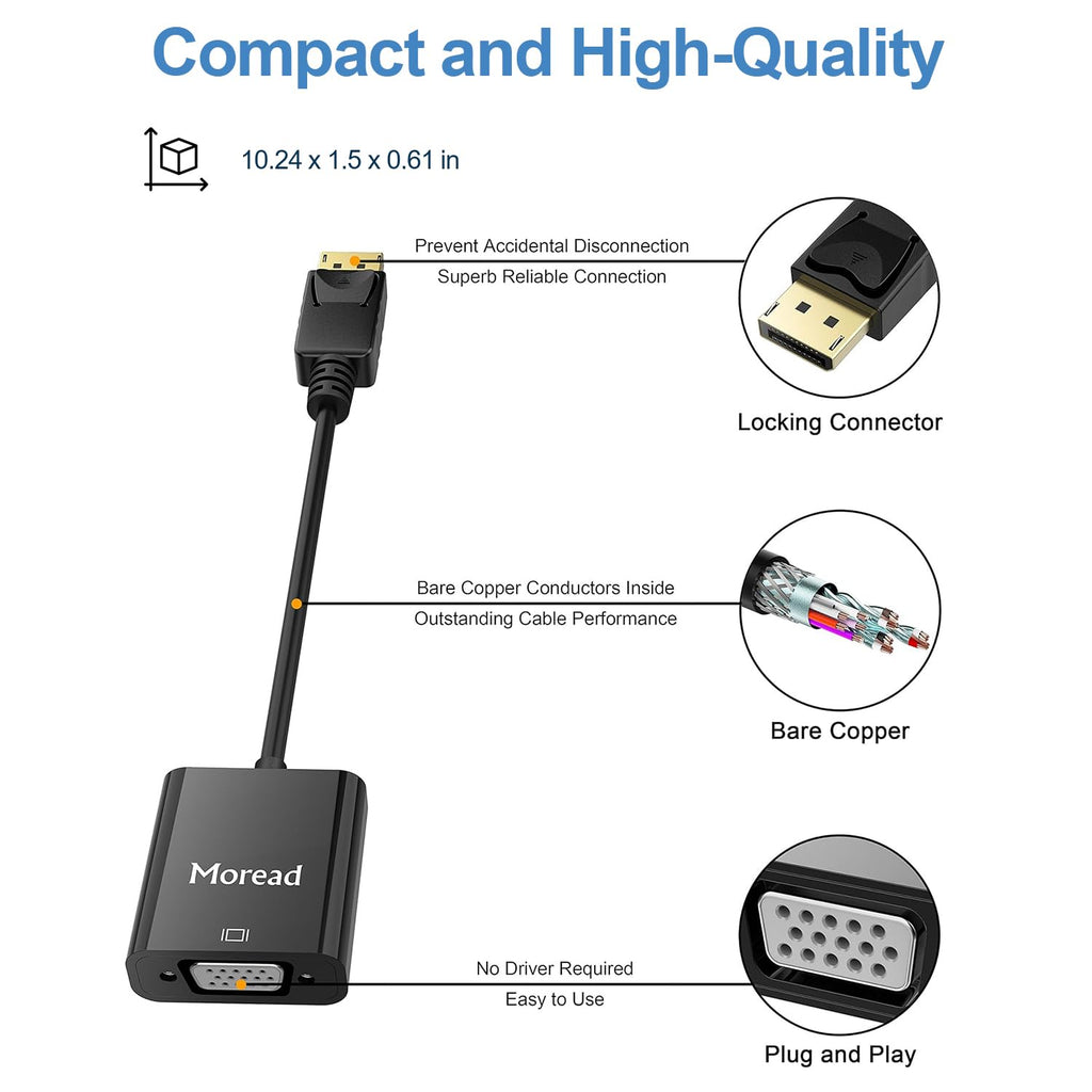 Moread DisplayPort (DP) to VGA Adapter, Gold-Plated Display Port to VGA Adapter (Male to Female) Compatible with Computer, Desktop, Laptop, PC, Monitor, Projector, HDTV - Black