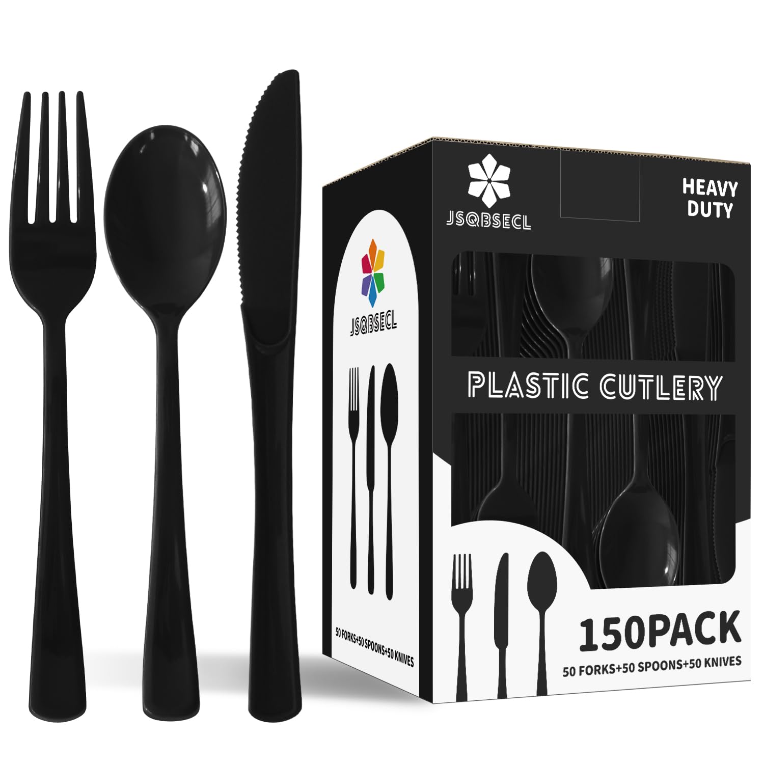 150 Pack Plastic Silverware,Disposable Cutlery Set Heavy Duty Utensil Sets 50 Forks 50 Knives 50 Spoons for Brithday, Wedding,Home School Party Picnics Restaurant Outdoor Events (Black)
