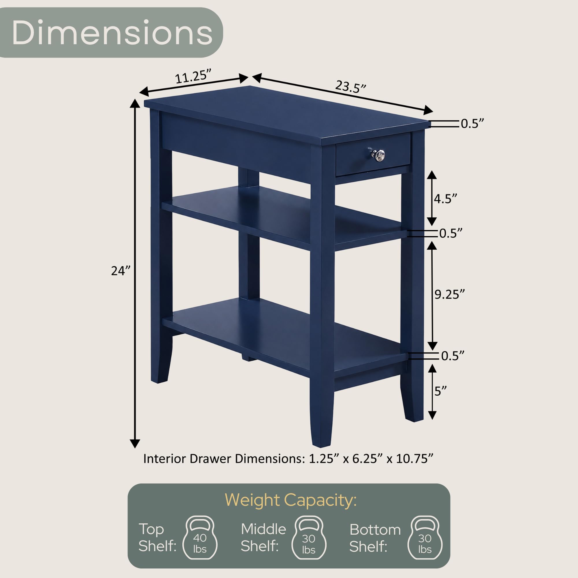 Convenience Concepts American Heritage Chairside End Table with Drawer 23.5" - Classic Living Room Table with Storage Shelf, Bedroom Nightstand, Black
