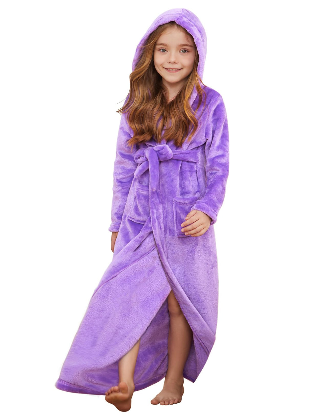 Jxstar Girls Bathrobes Kids Long Hooded Robes Plush Full Length Coral Fleece Pajamas Sleepwear