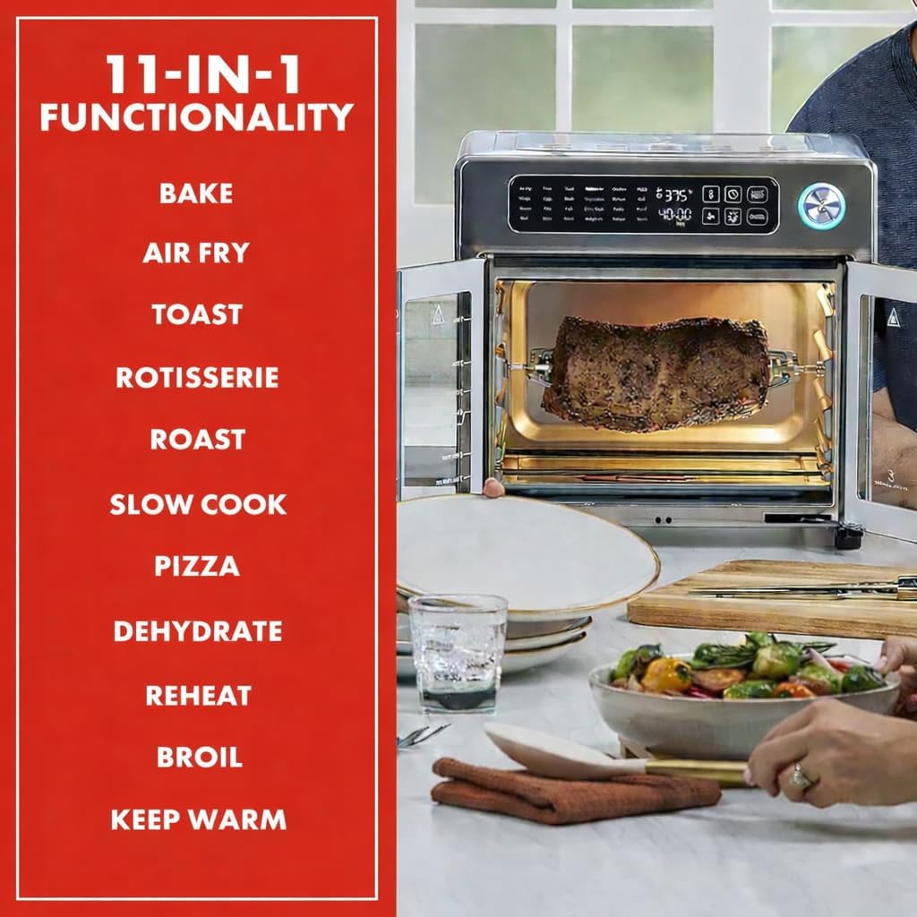 Emeril Lagasse Extra Large French Door Air Fryer Toaster Oven Combo, 25 Cooking Functions and Digital Controls, 7 Accessories Included, Stainless Steel Finish, 26QT Capacity