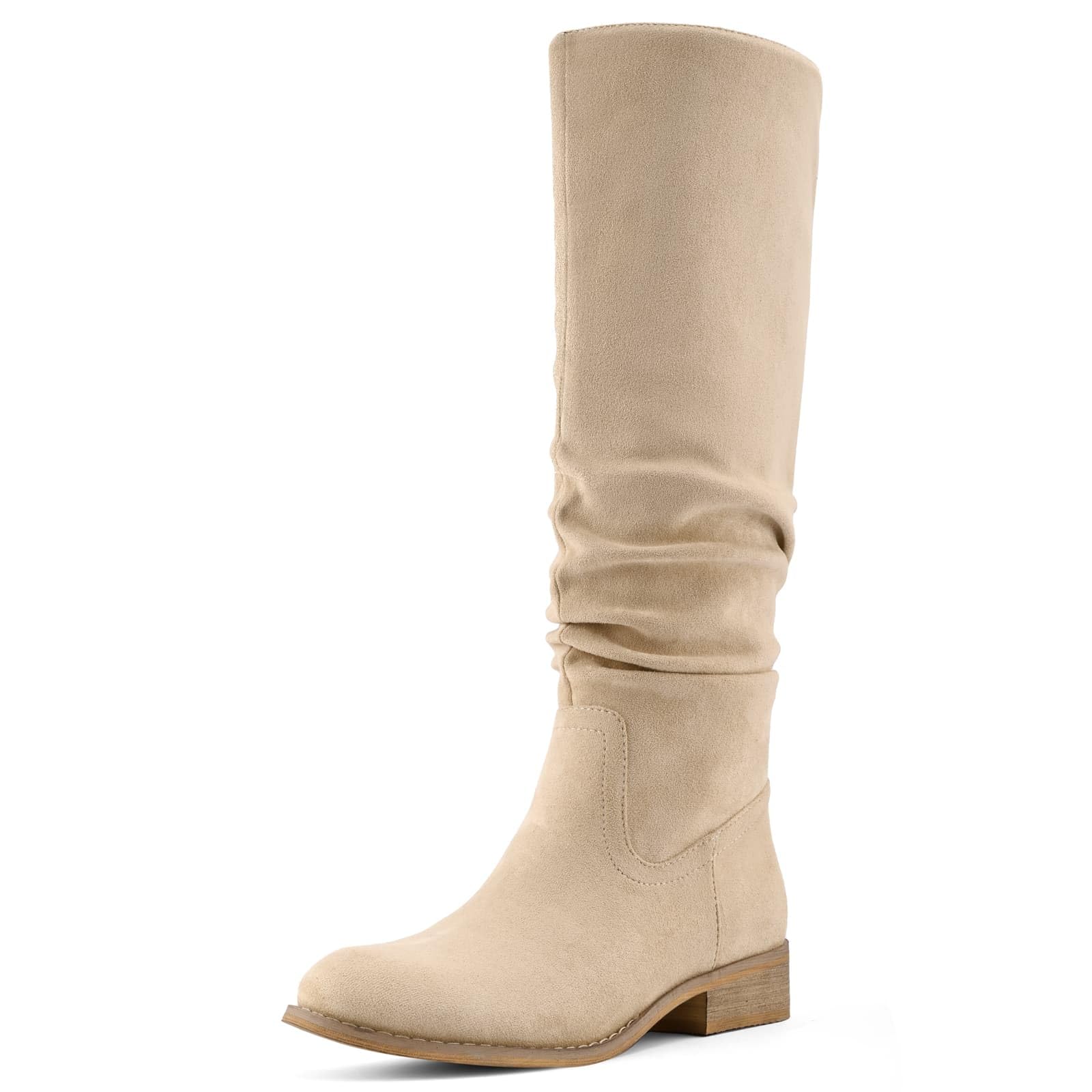 Shoe'N Tale Women's Knee High Boots Flat Low Heel Slouch Pointed Toe Winter Shoes with Side Zipper