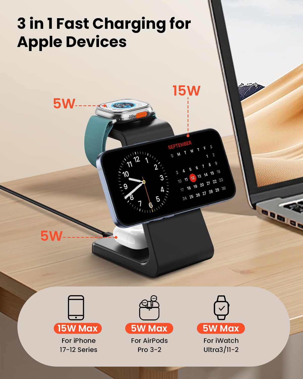 GEEKERA 3 in 1 Wireless Charging Station, Foldable Wireless Charger Stand for Multiple Apple Devices for iPhone 17 16-8, Apple Watch Ultra//11/10/9/SE/8/7/6/5, AirPods Pro/4/3/2