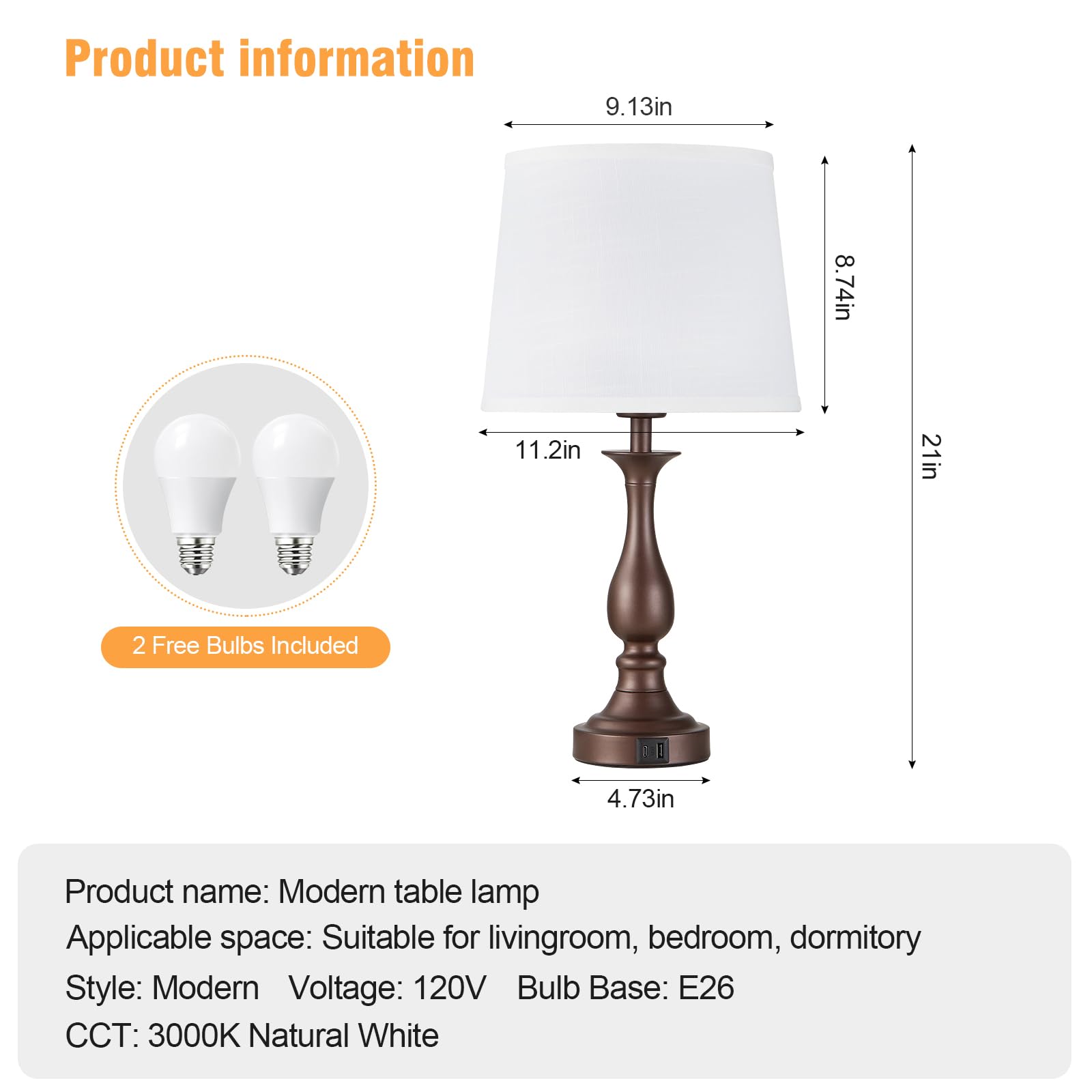Bedside Table Lamp Touch Control Bedroom Lamps with USB A and C Charging Port 3 Way Dimmable Touch Lamps for Nightstand Living Room Bedroom Dorm Home Office Reading, Set of 2