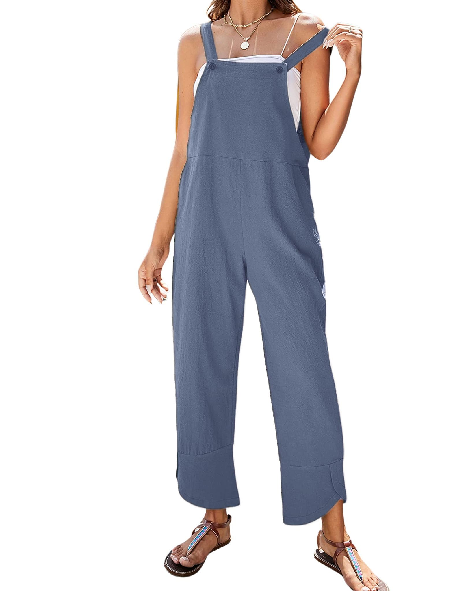APAFES Women Summer Sleeveless Cotton Linen Bib Overalls Tulip Baggy Capri Jumpsuits with Pockets