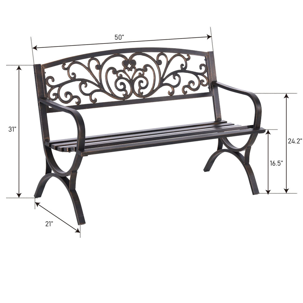 MFSTUDIO 50 Inches Outdoor Garden Bench, Cast Iron Metal Frame Patio Park Bench with Floral Pattern Backrest, Arch Legs for Porch Lawn Garden Yard(Black)