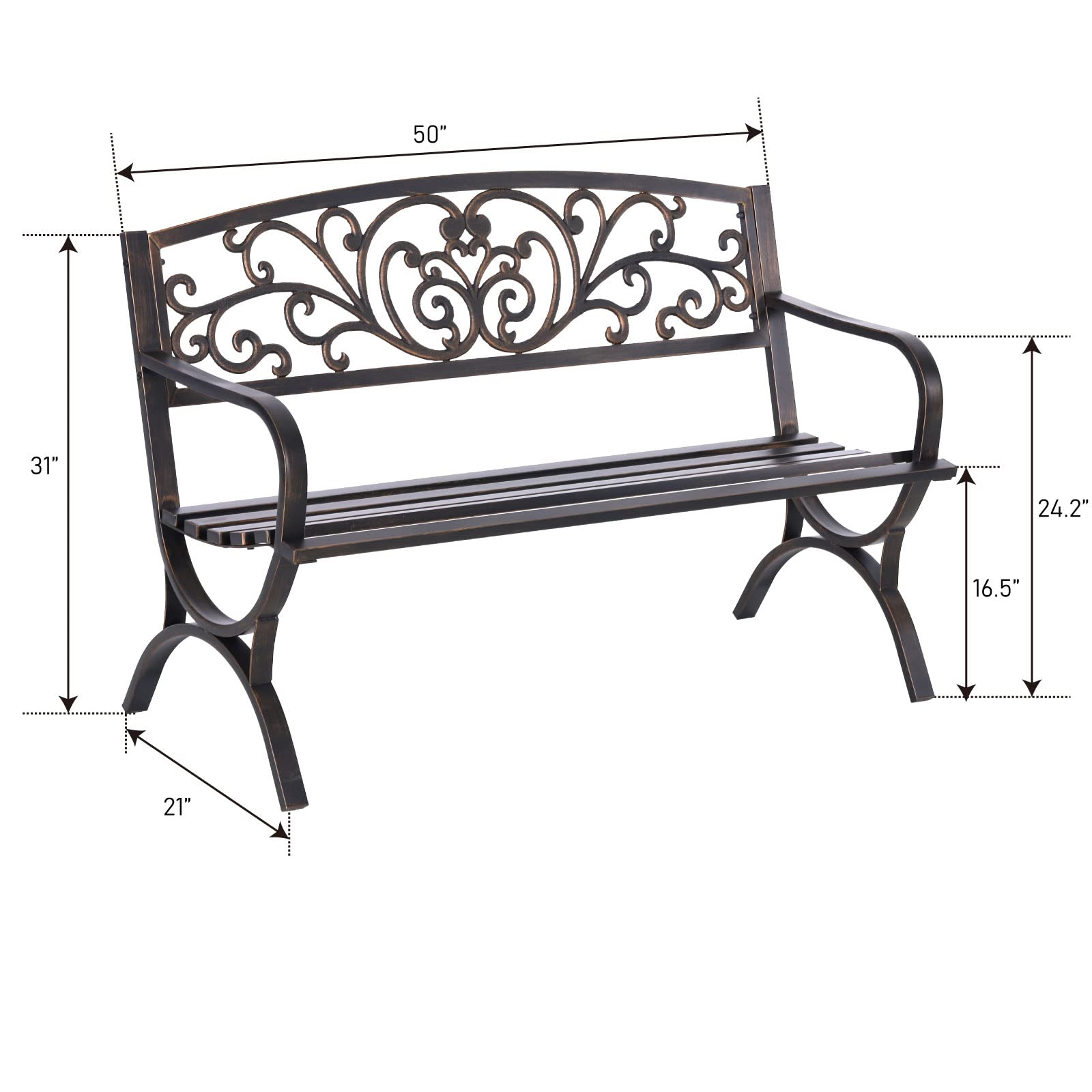 MFSTUDIO 50 Inches Outdoor Garden Bench, Cast Iron Metal Frame Patio Park Bench with Floral Pattern Backrest, Arch Legs for Porch Lawn Garden Yard(Black)