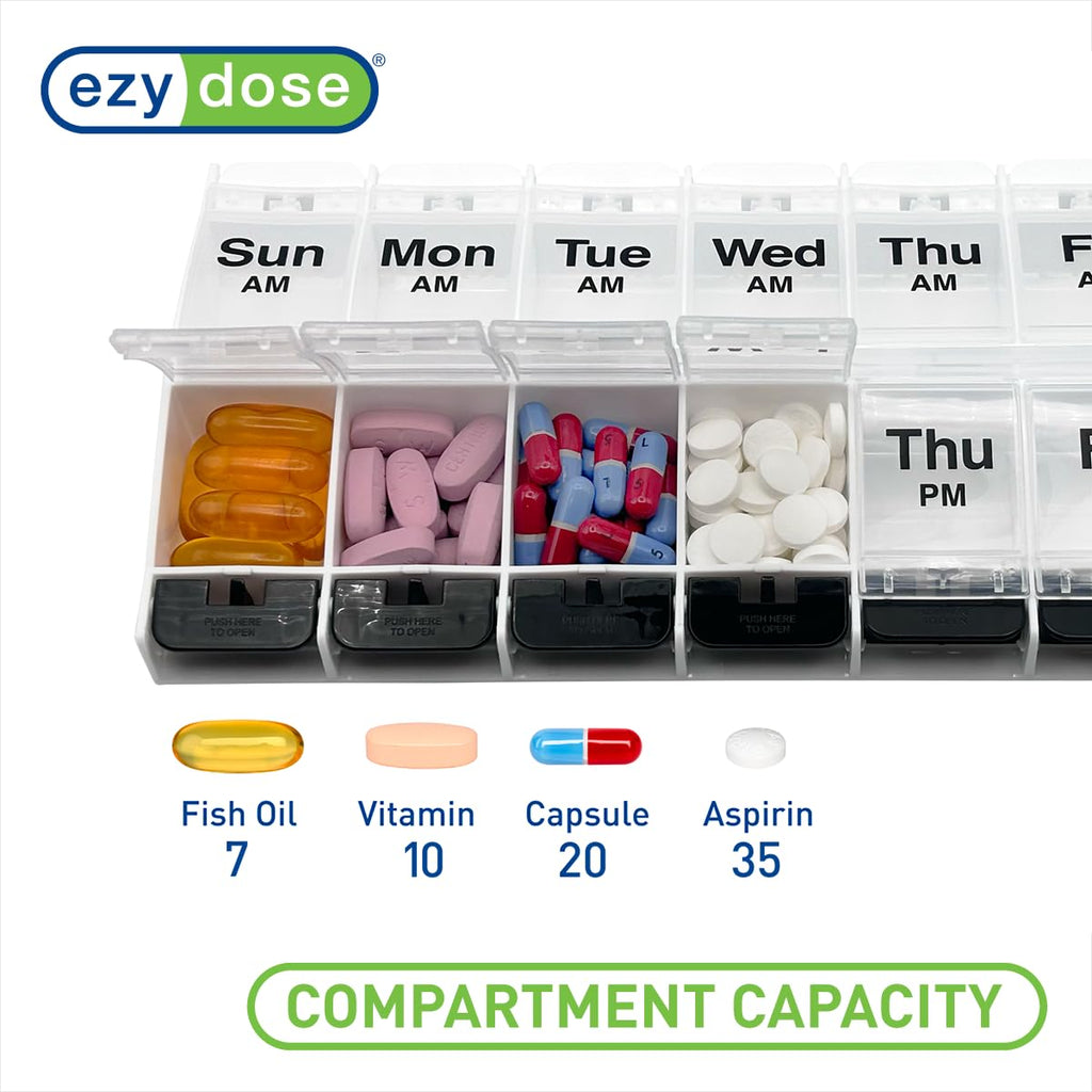 EZY DOSE Push Button (7-Day) Pill Case, Medicine Planner, Vitamin Organizer, 2 Times a Day, AM/PM Container, X-Large Compartments, Arthritis Friendly, Easy to Use, Transparent Lids, Black, BPA Free