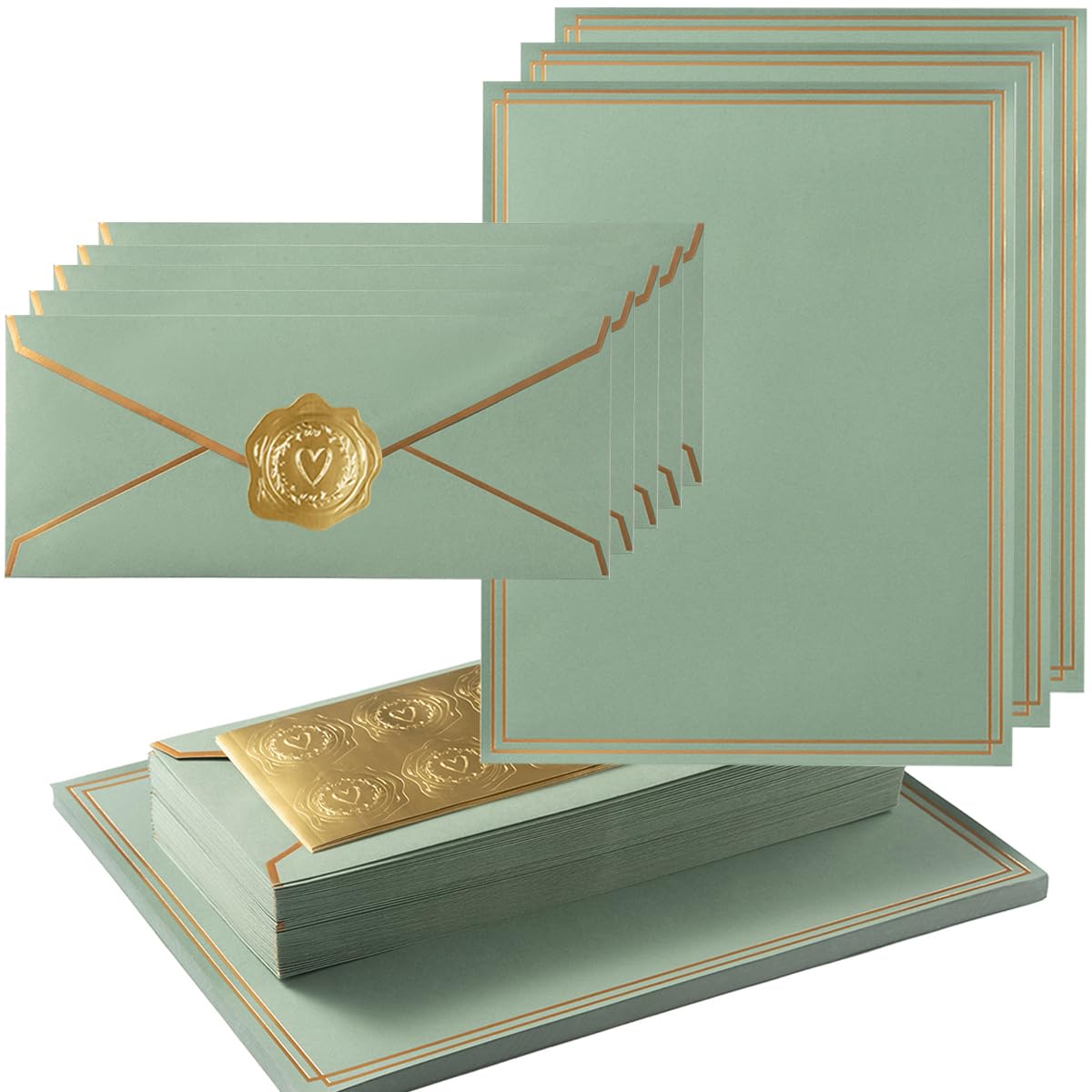 50 Pack Stationery Set with Envelopes, Cream Color, 8.5x11 Inches | Gold Border, #10 Business Envelopes and 8.5x11 Paper Sheets, Stickers for Letter Writing, Invitations