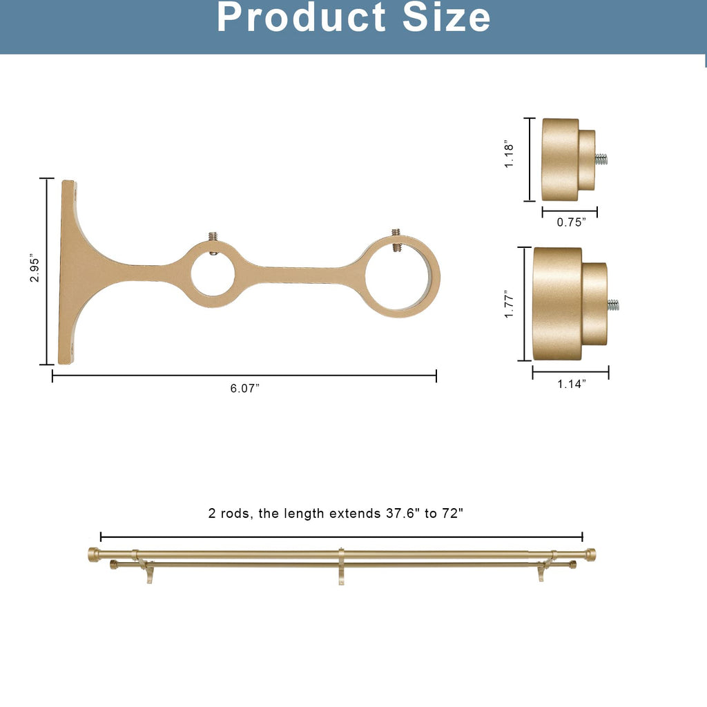Heavy Duty Double Curtain Rods with Cylindrical Cap Finials - 36 to 72' Telescoping Rods, 1 Inch and 5/8 Inch Diameter, Light Gold