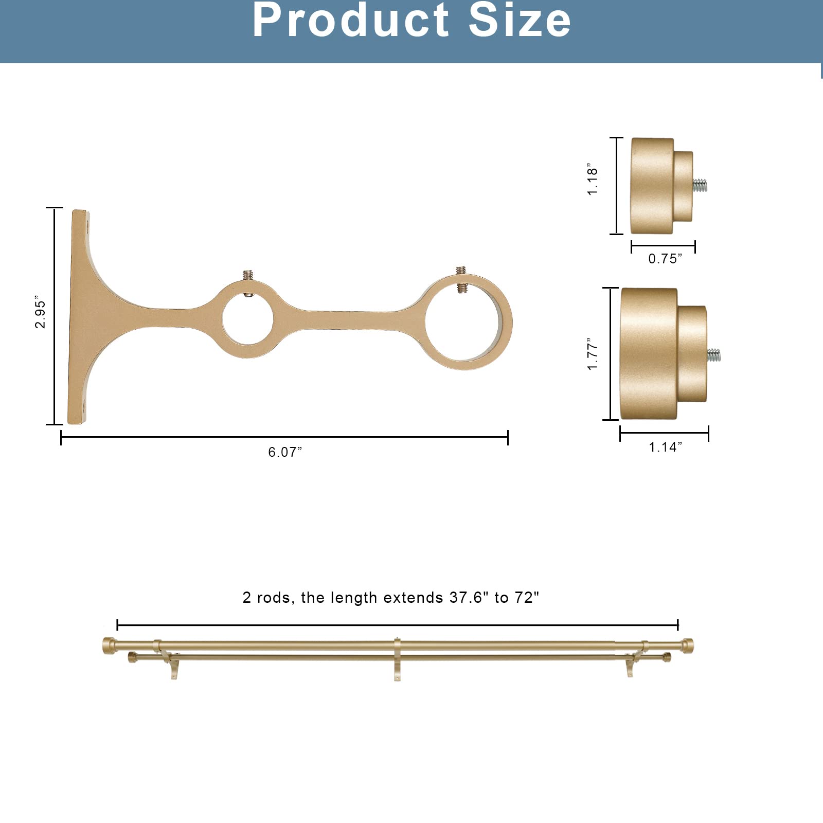 Heavy Duty Double Curtain Rods with Cylindrical Cap Finials - 36 to 72' Telescoping Rods, 1 Inch and 5/8 Inch Diameter, Light Gold