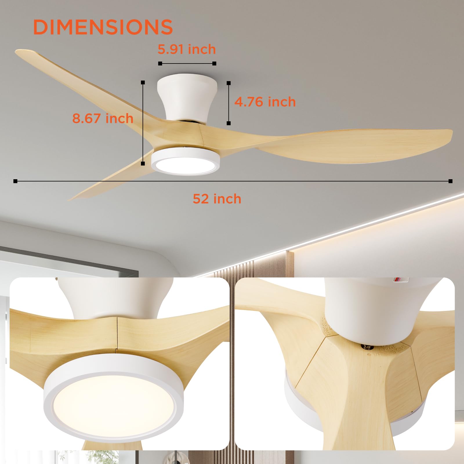 TALOYA Ceiling Fans with Lights,42 inch Modern Low Profile Ceiling Fan with Light and Remote Control, Flush Mount, 3CCT, White Ceiling Fan for Bedroom Living Room and Patio