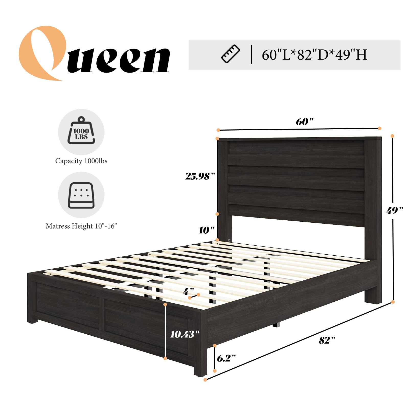 AMERLIFE Farmhouse Full Size Bed Frame with 49" Fluted Headboard, Wood Platform Bed with Natural Grain, No Box Spring Needed/Noise Free, Black