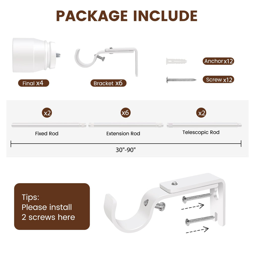 1” Diameter brown curtain rod Itself is 30 to 60 inch. 1 Pack Fits 30-54 inch Windows with Heavy Duty Adjustable brown curtain rods Splicing Metal Extra Long Curtain Rod