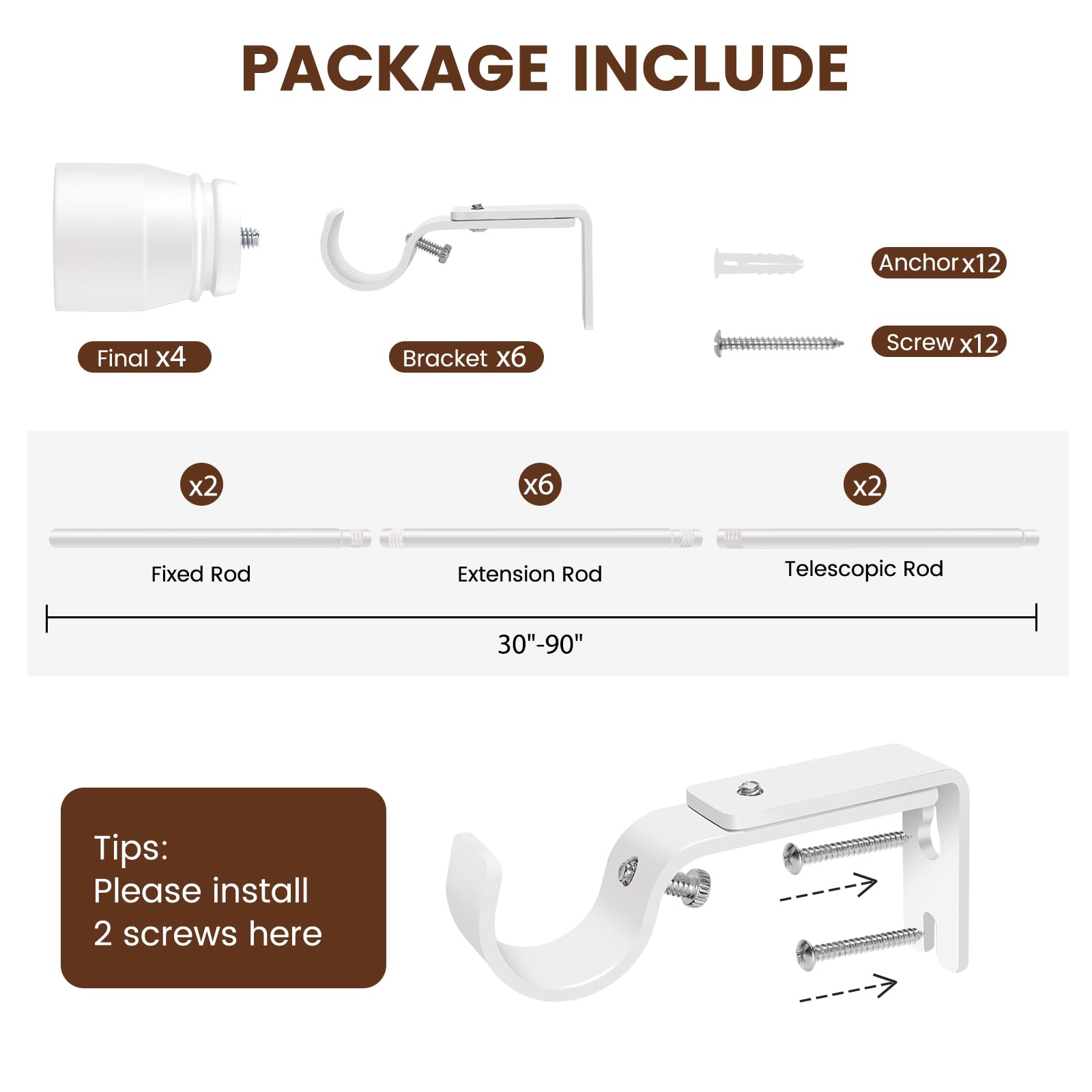 1” Diameter brown curtain rod Itself is 30 to 60 inch. 1 Pack Fits 30-54 inch Windows with Heavy Duty Adjustable brown curtain rods Splicing Metal Extra Long Curtain Rod