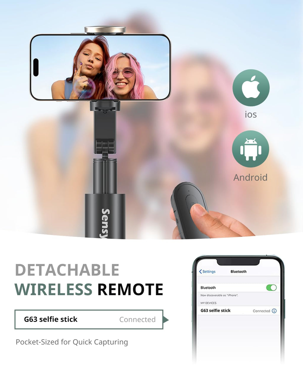 Sensyne 60" Phone Tripod - Selfie Stick, Lightweight All in One Phone Tripod Integrated with Wireless Remote Compatible with All Cell Phones for Selfie/Video Recording/Photo/Live Stream/Vlog（Black）