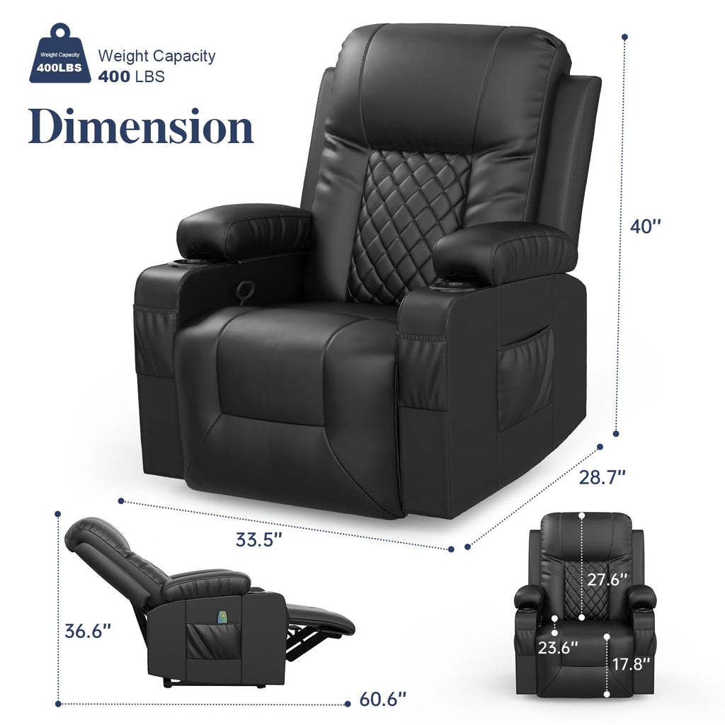 Recliner Chairs for Adults, FSC Certified Massage Reclining Chair with Heated Modern, Ergonomic Lounge Single Reclining Sofa Seat with Cup Holder & Pocket, Living Room Lounge Recliners Black