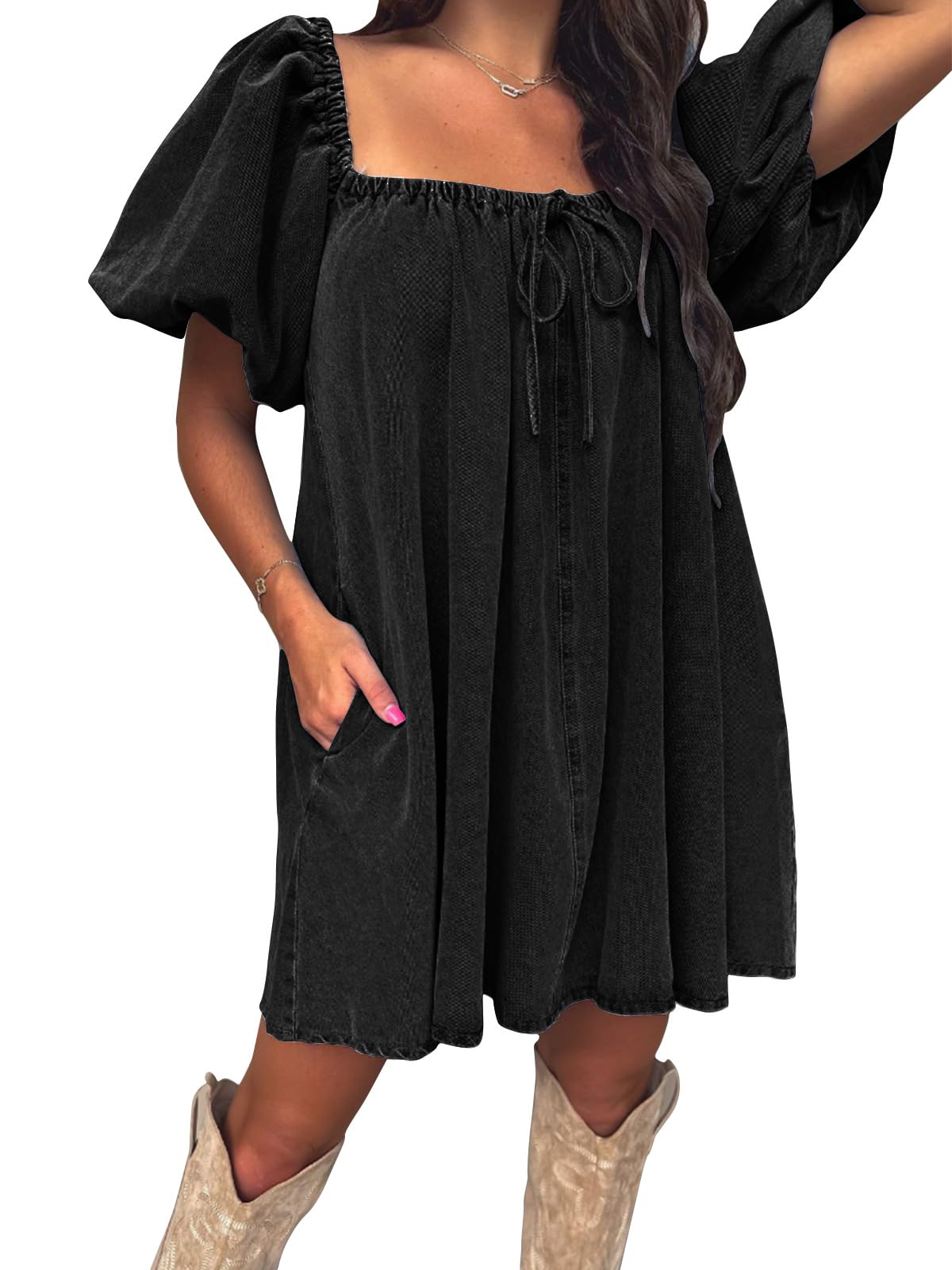 EXLURA Womens Summer Denim Short Puff Sleeve Dresses Knit Loose Plus Size Short Mini Dress 2026 Trendy Spring Outfits