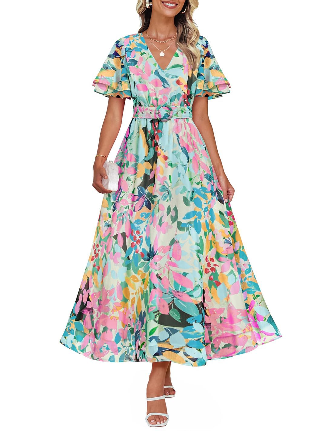 ZESICA Women's 2026 Summer Floral V Neck Midi Dress Boho Short Sleeve High Waist Flowy Beach Vacation Dresses with Belt