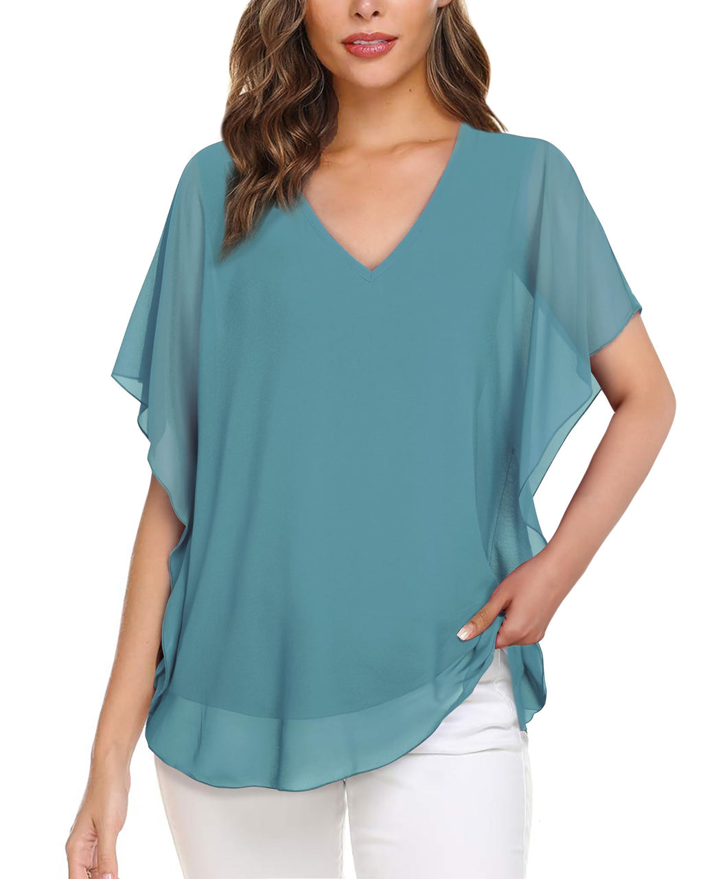 Lotusmile Women's Loose Flouncing Flutter Sleeve Double-Layered Shirt Chiffon Elegant Dressy Blouse Work Tops