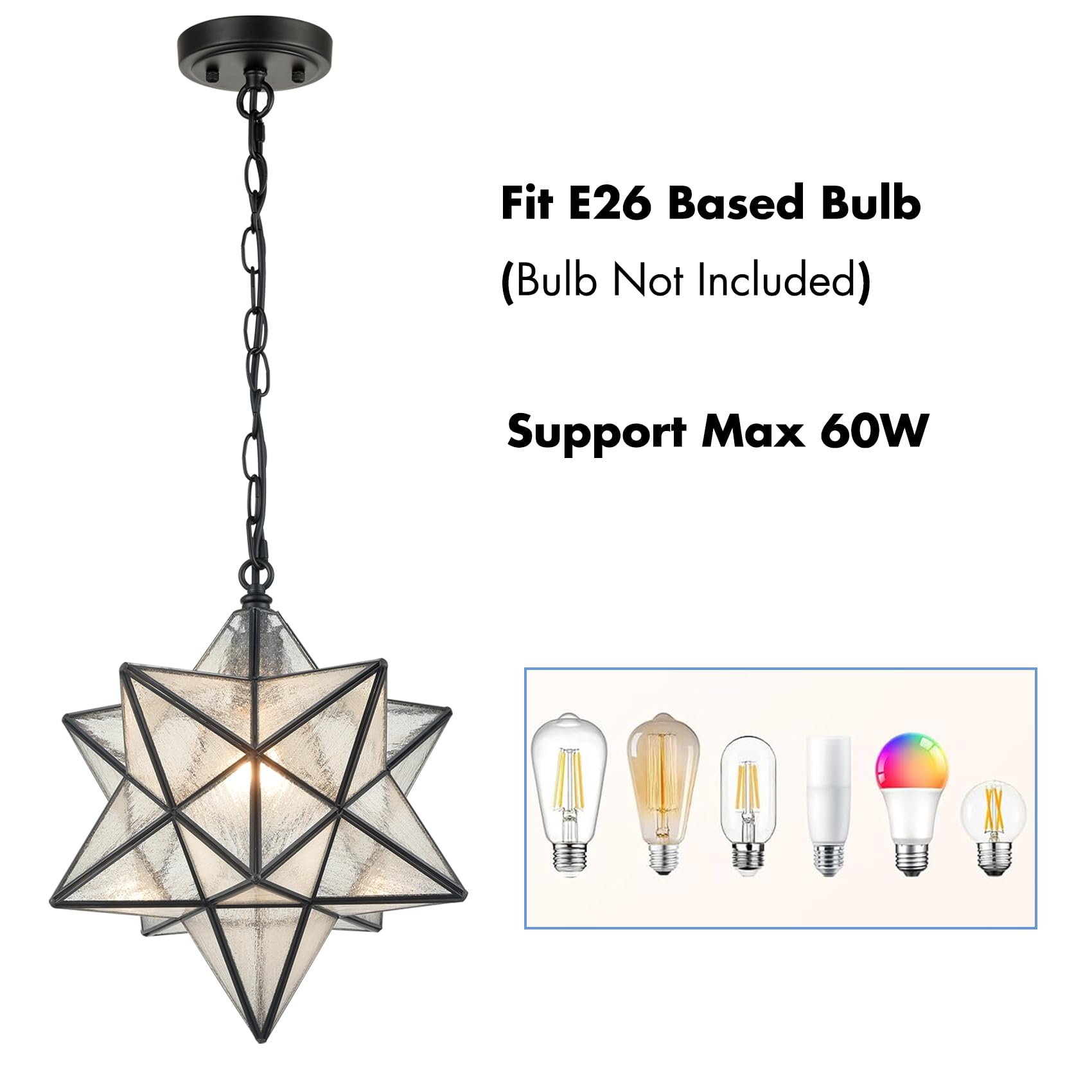 14'' Moravian Star Pendant Light Seeded Glass Star Lights with Adjustable Hanging Chain Light for Kitchen Bedroom Dining-Dimmable