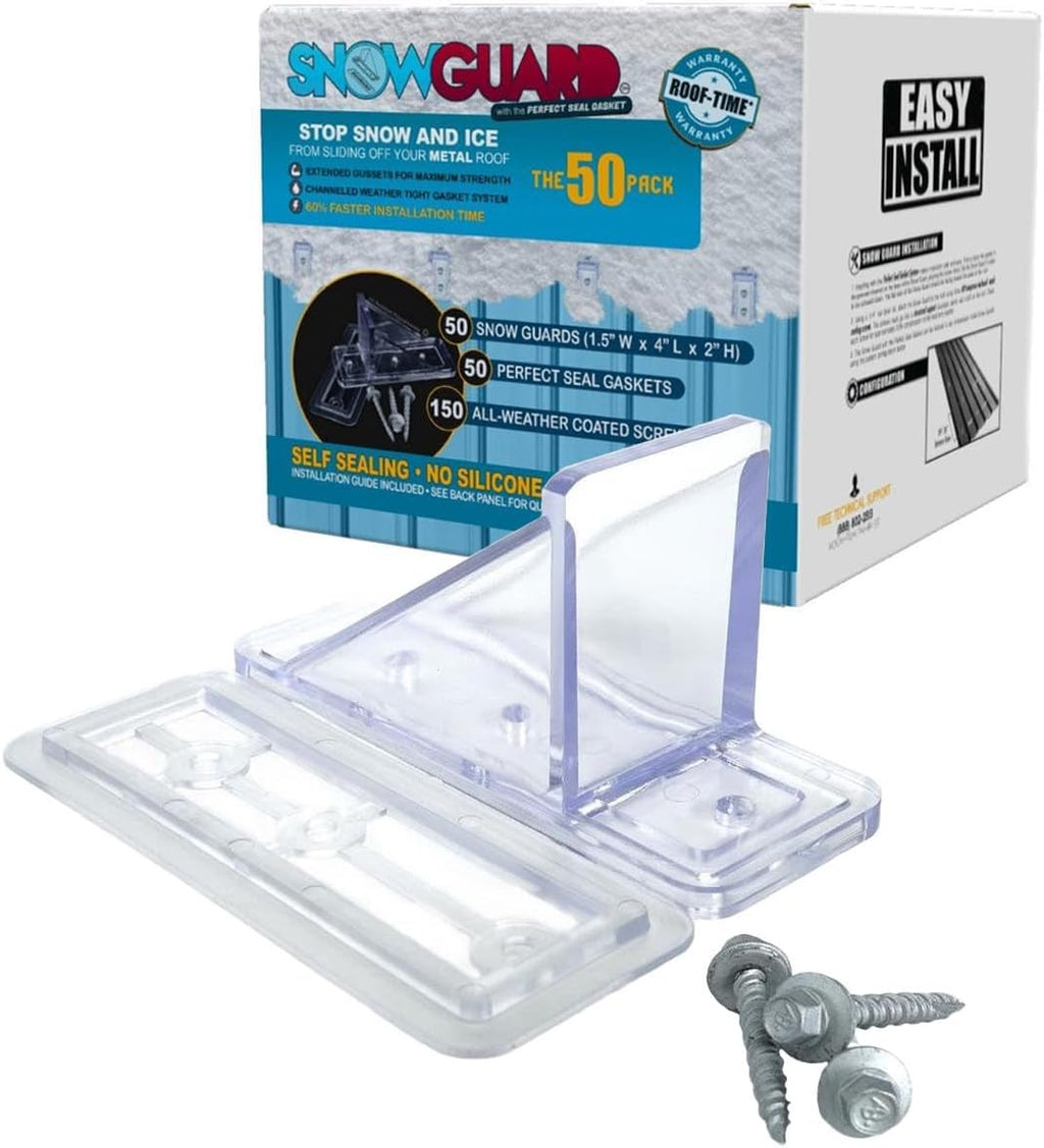 50 Pack Snow Guards for Metal Roofs – with Perfect Seal Gaskets & Screws – Heavy-Duty Polycarbonate Snow Stops Prevent Sliding Snow & Ice – Roof Snow Retention System | Made in USA