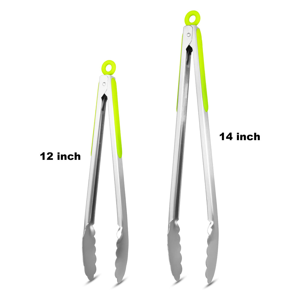 304 Stainless Steel Kitchen Cooking Tongs, 9" and 12" Set of 2 Sturdy Grilling Barbeque Brushed Locking Food Tongs with Ergonomic Grip, Black
