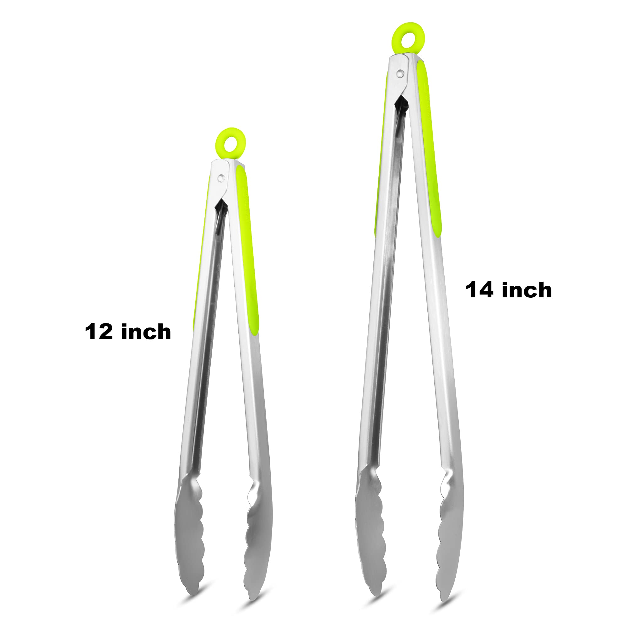 304 Stainless Steel Kitchen Cooking Tongs, 9" and 12" Set of 2 Sturdy Grilling Barbeque Brushed Locking Food Tongs with Ergonomic Grip, Black