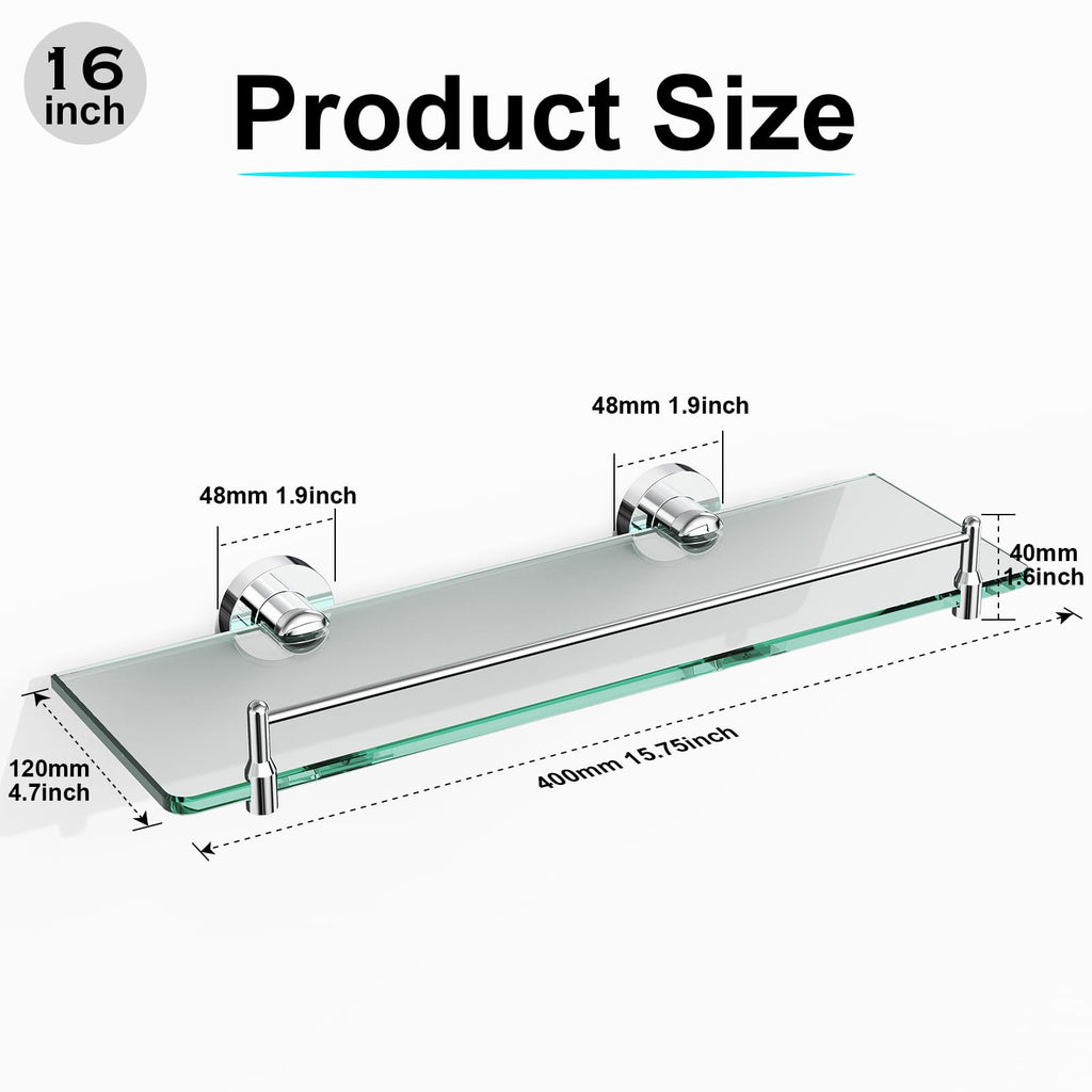 Glass Bathroom Shelves,Brushed Gold Floating Shelves for Wall Rectangular Modern Stainless Steel Glass Shelf for Bathroom Shelves wall Mounted 16 Inch
