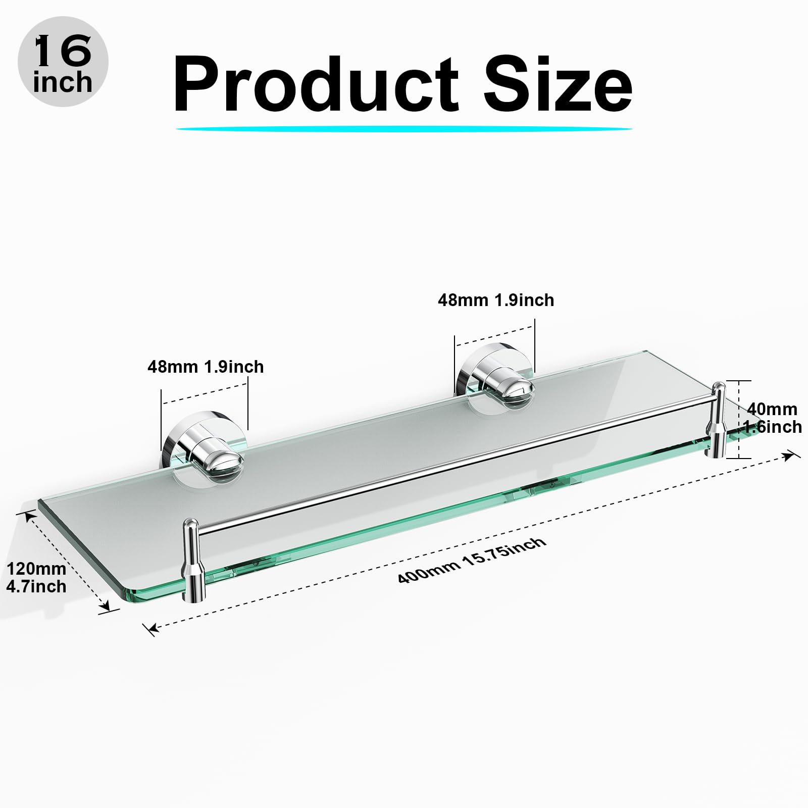 Glass Bathroom Shelves,Brushed Gold Floating Shelves for Wall Rectangular Modern Stainless Steel Glass Shelf for Bathroom Shelves wall Mounted 16 Inch