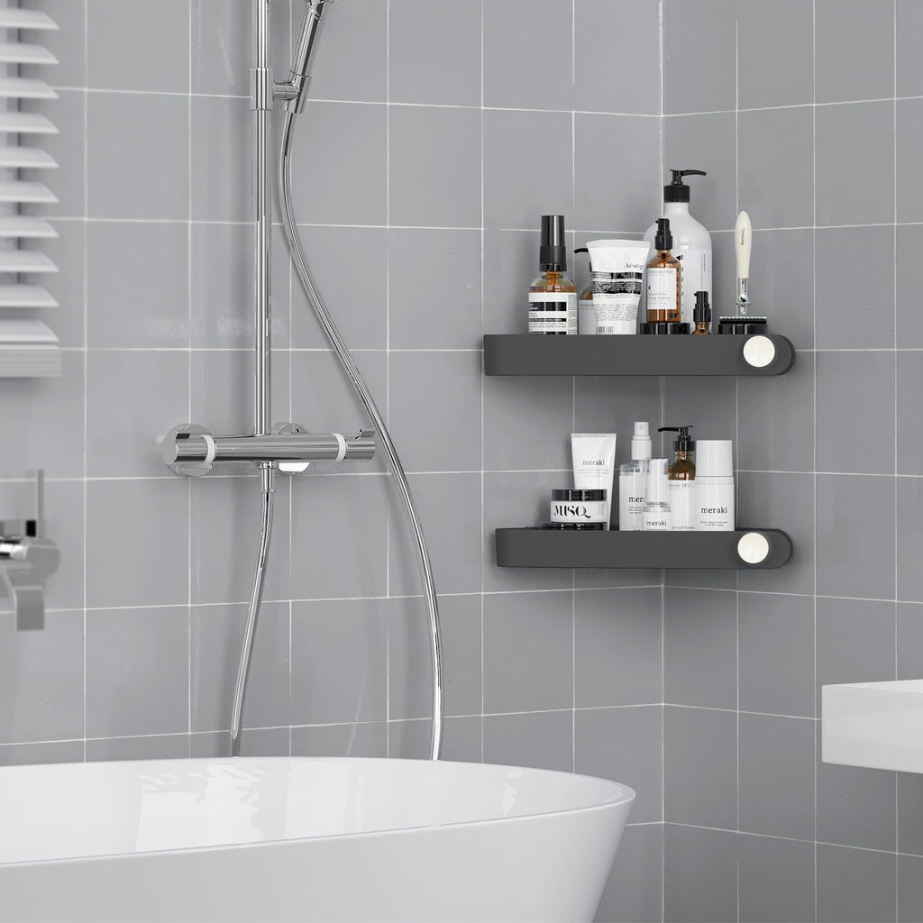 Sotfamily Plastic Shower Caddy Corner (for 90° Only), 2 Pack Adhesive Corner Shower Shelves for Bathroom Organizers and Storage, Black
