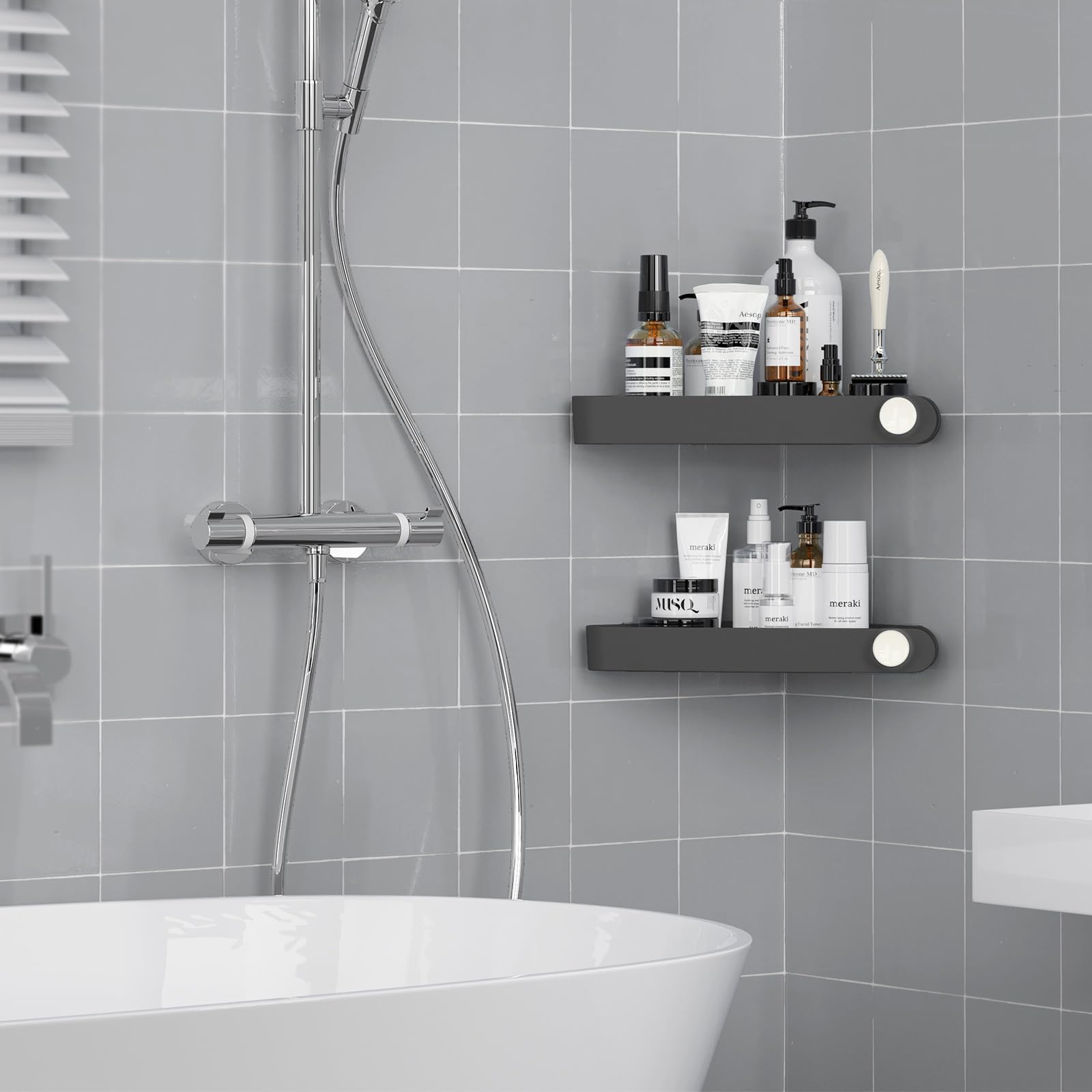 Sotfamily Plastic Shower Caddy Corner (for 90° Only), 2 Pack Adhesive Corner Shower Shelves for Bathroom Organizers and Storage, Black