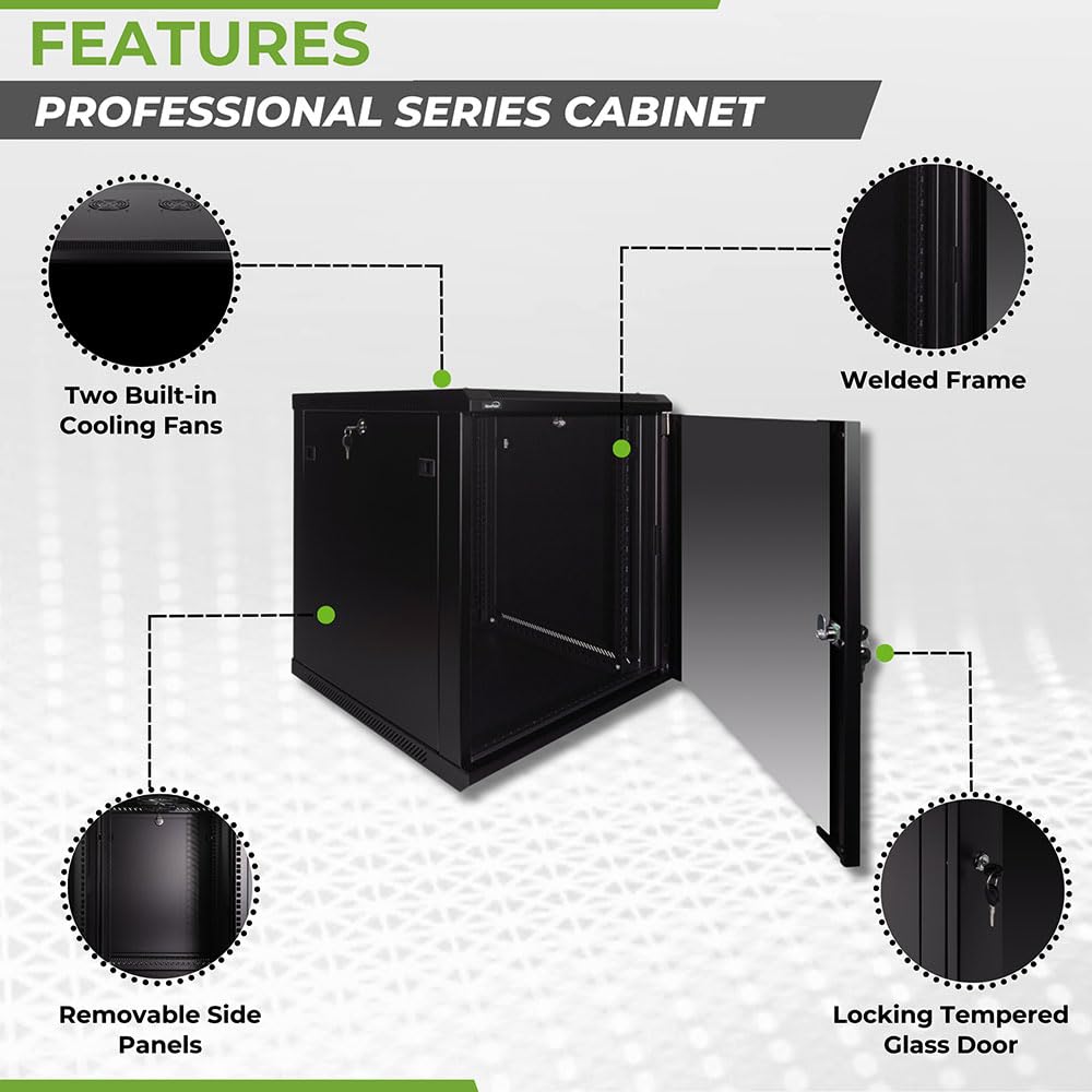 NavePoint 12U Server Rack Enclosure - 23.6” Deep, Wall Mount Network Cabinet with Locking Glass Door for 19” IT Equipment, Network Rack with 2 Fans, Removable Side Panels, Black