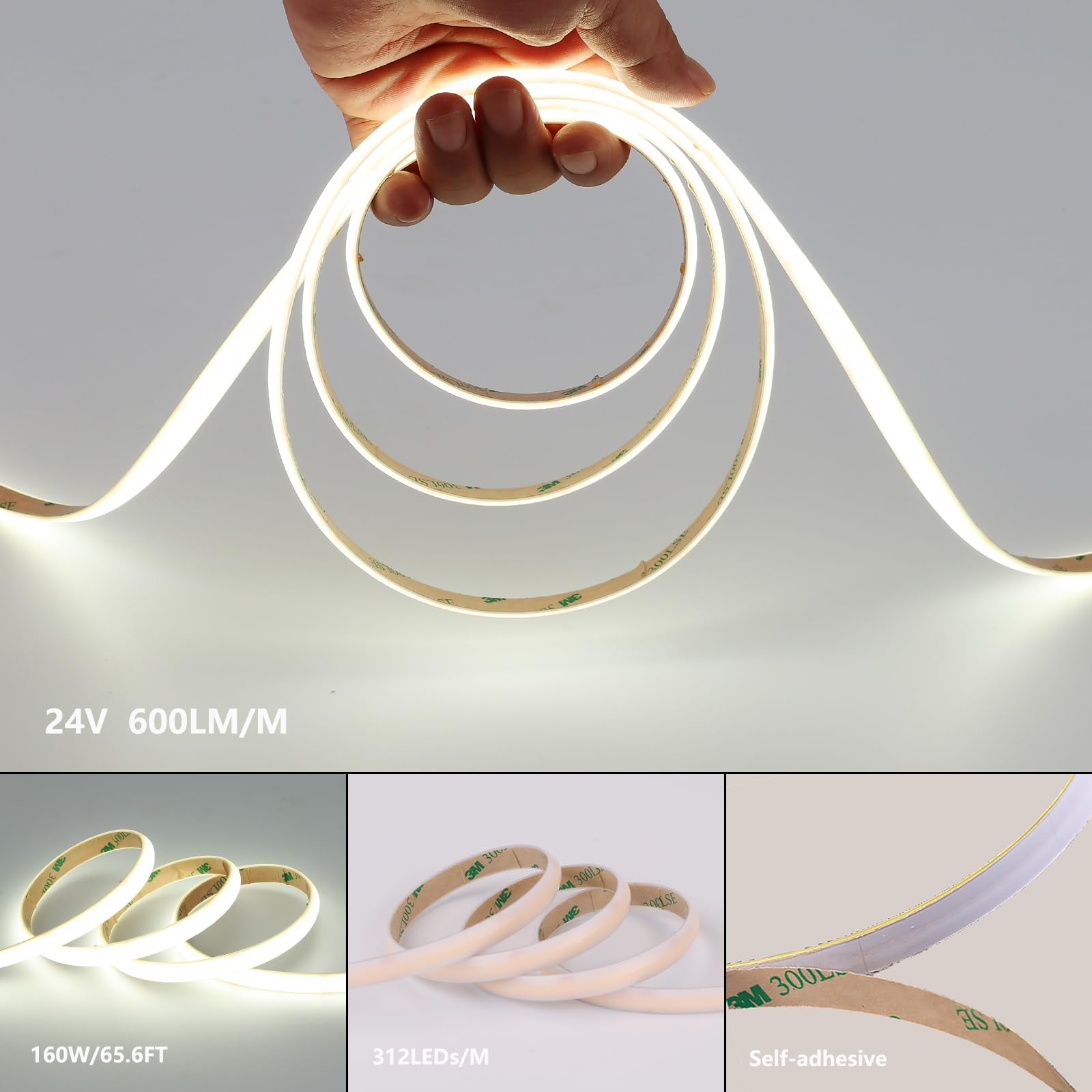 BENLUN 24V COB LED Strip Light 65.6ft (2 Rolls of 32.8ft) Kit, 3000K Warm White Cuttable 11W/M 312LEDs/M CRI 93 LED Tape Lights with Power Supply for Bedroom Kitchen Living Room Ceiling