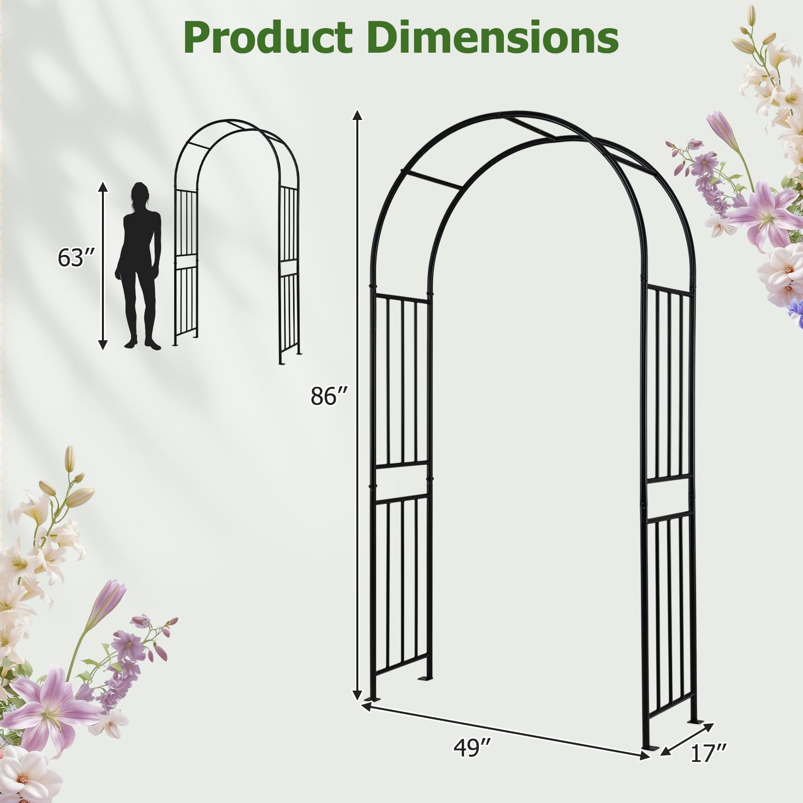 LDAILY Moccha Garden Arch Arbor Trellis, 7.2Ft Outdoor Steel Arbor with Stakes, Metal Archway for Climbing Plants, Wide Sturdy Garden Arch for Lawn, Party, Ceremony Wedding Decoration, Black (1 Piece)