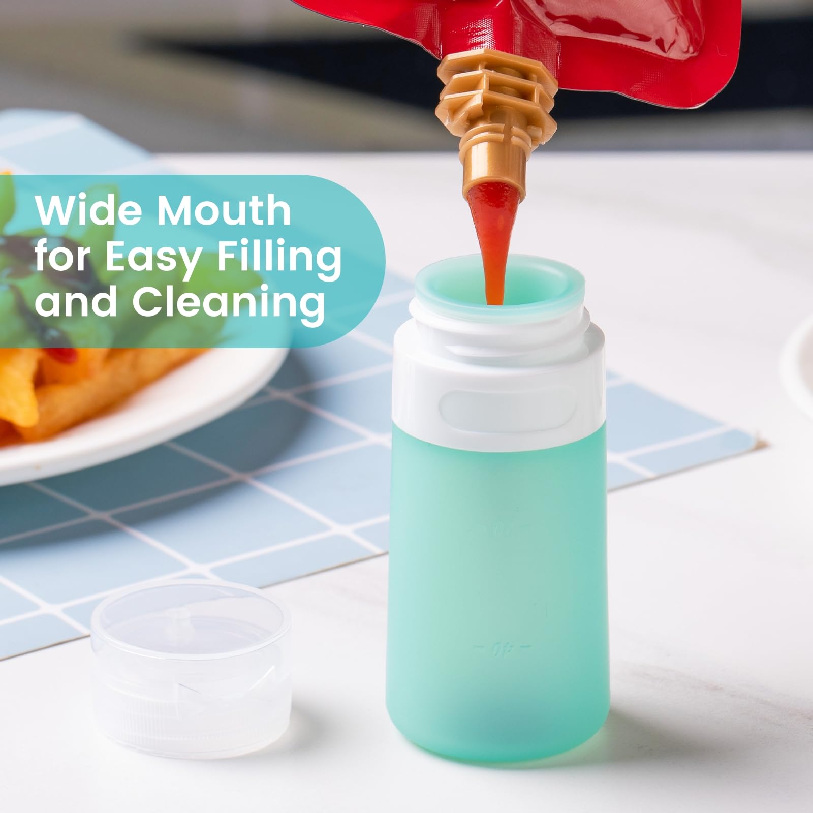 MICEBAY Condiment Squeeze Bottles for Sauces, 1-oz Mini Silicone Salad Dressing Container to Go with Snack Storage Bag, Leakproof Sauce Bottles for Lunch Box, 4 Pack, Blue