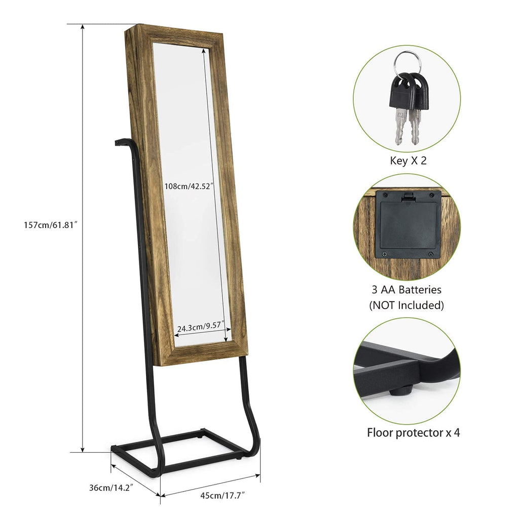 SRIWATANA Jewelry Armoire Cabinet, Solid Wood Standing Jewelry Organizer with Full Length Mirror (Carbonized Black)