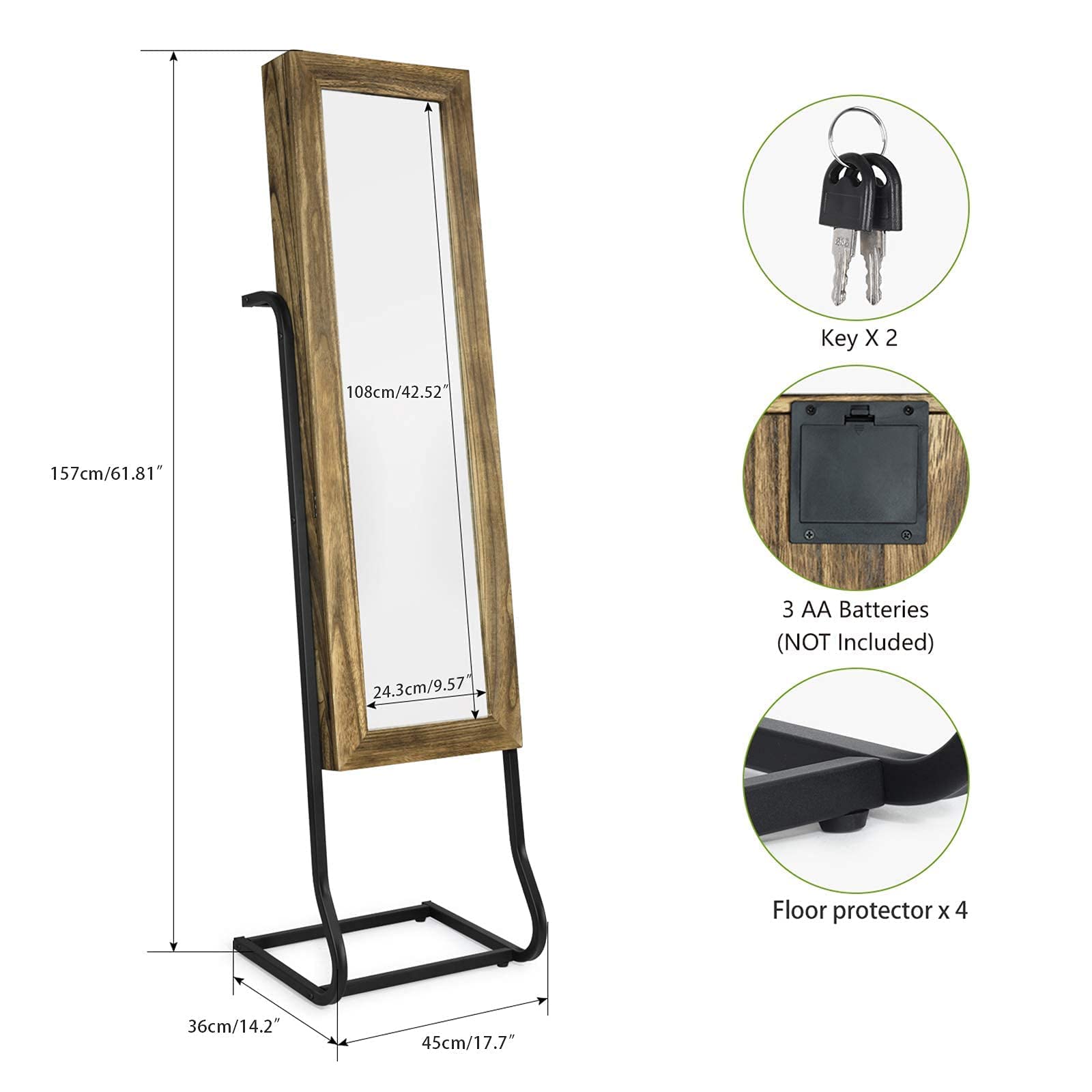 SRIWATANA Jewelry Armoire Cabinet, Solid Wood Standing Jewelry Organizer with Full Length Mirror (Carbonized Black)