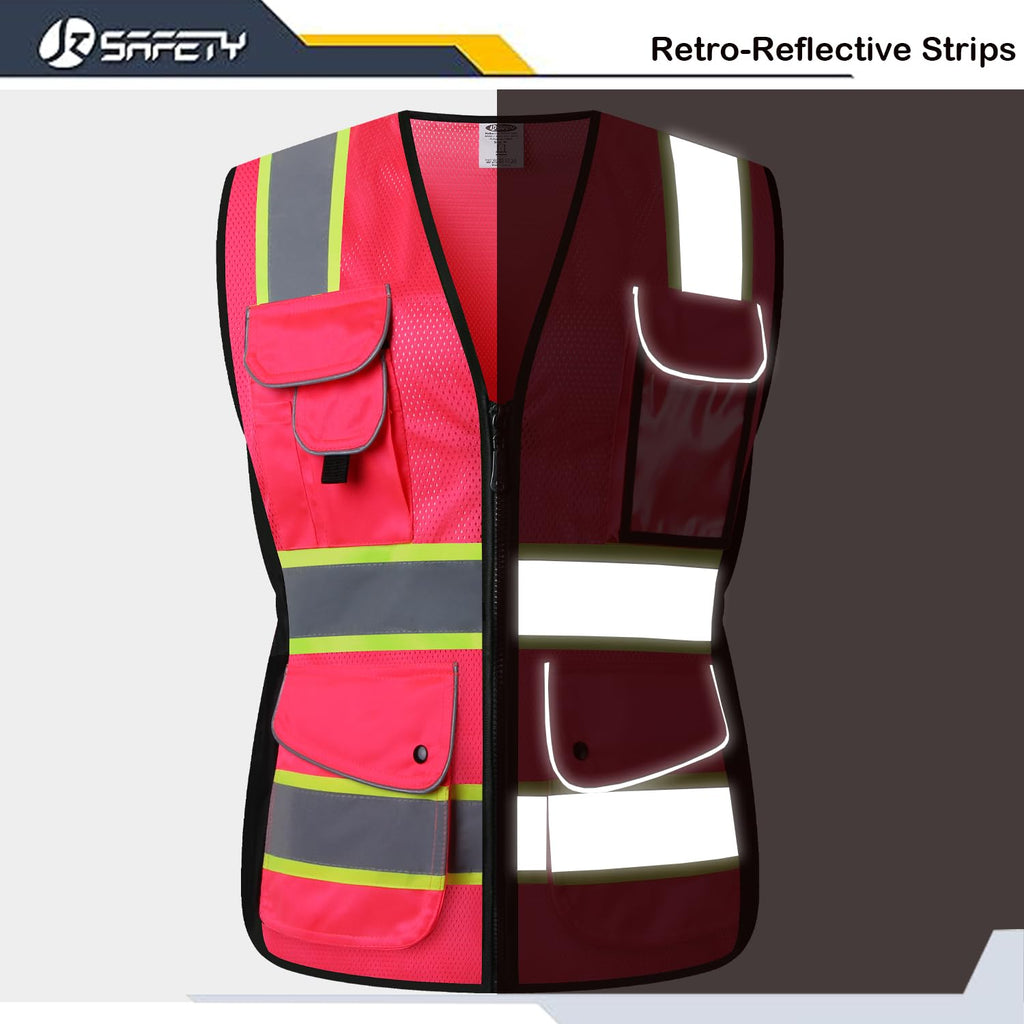 JKSafety Women Hi-Vis Reflective Safety Vest | Neon Color body Sewed Reflective Strips Breathable Lightweight ANSI Compliant