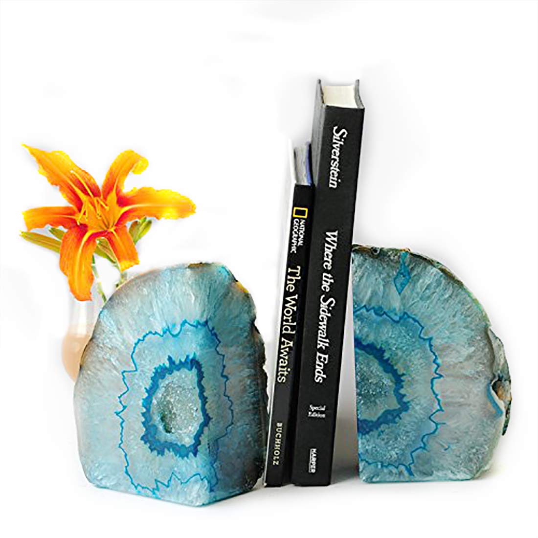 JIC Gem Black Agate Geode Bookends 2-3 Lbs Anti-Slip Rubber Pads Heavy Duty | 1Pair Natural Black Agate Crystal Decor for Shelves & Desk, Unique Small Stone Book Holder Gift for Office & Home Decoration