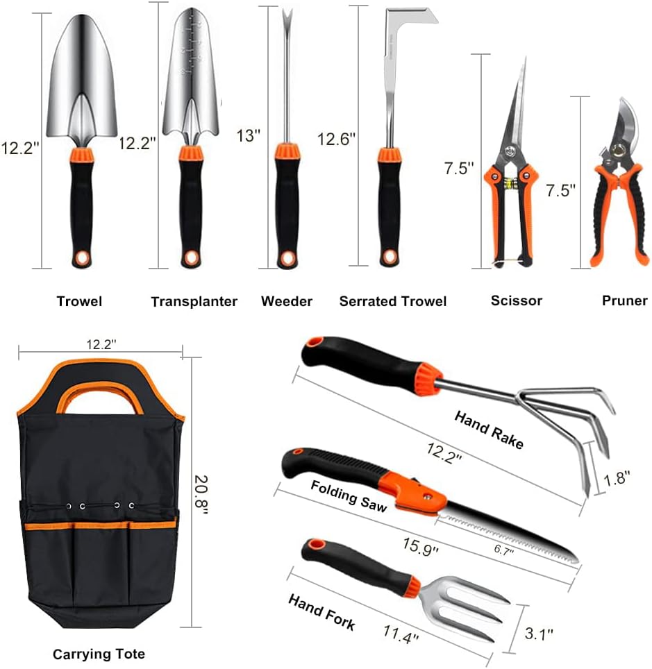 Garden Tool Set, 10 PCS Stainless Steel Heavy Duty | Soft Rubberized Non-Slip Ergonomic Handle, Storage Tote Bag, Gifts for Women and Men