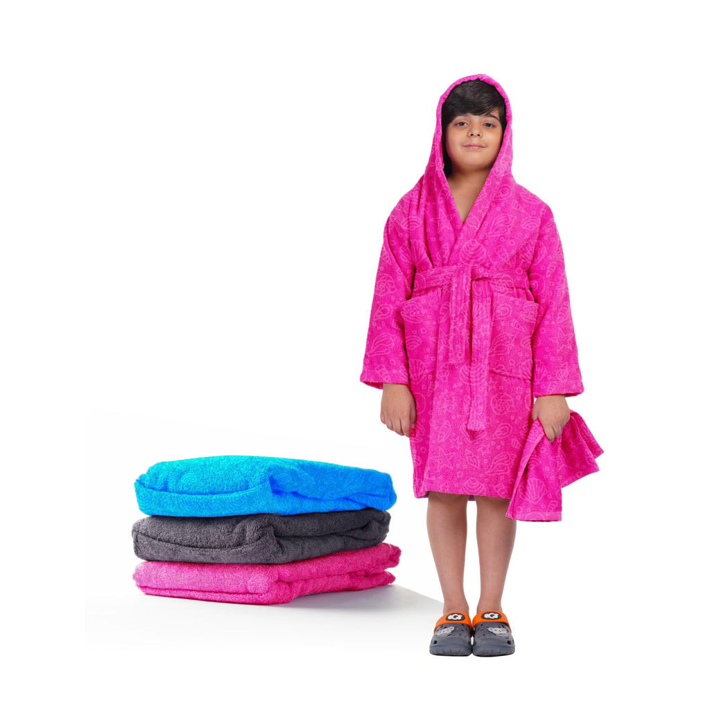 ALLEN & MATE 100% COTTON Hooded Kids Bathrobe – Soft, Medium Weight Absorbent Bath Towel Robe for Boys & Girls, 6-15 Years