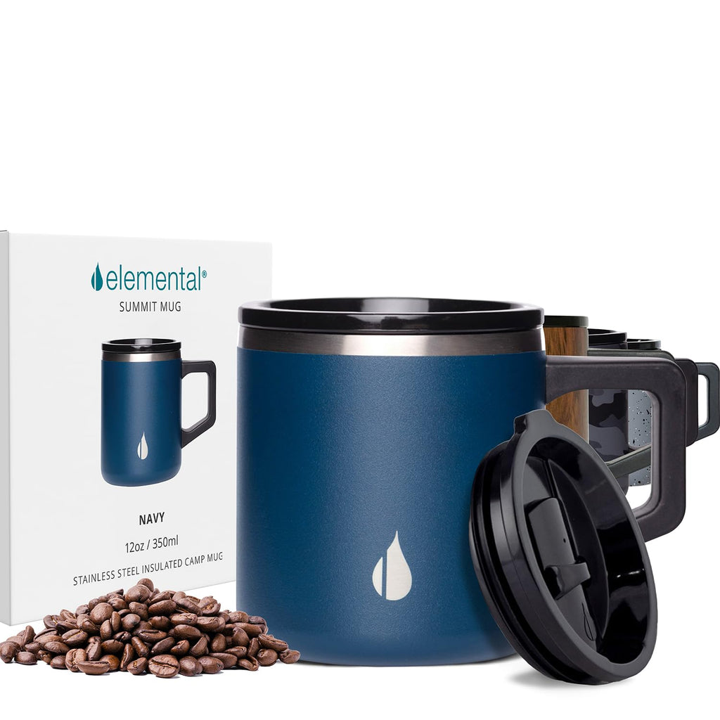 Elemental Insulated Coffee Mug - Triple-Wall Stainless Steel Summit Travel Cup for Hot and Cold Drinks - Thermal Coffee Mug with Lid and Handle for Camping, Office & Travel 12oz - Black