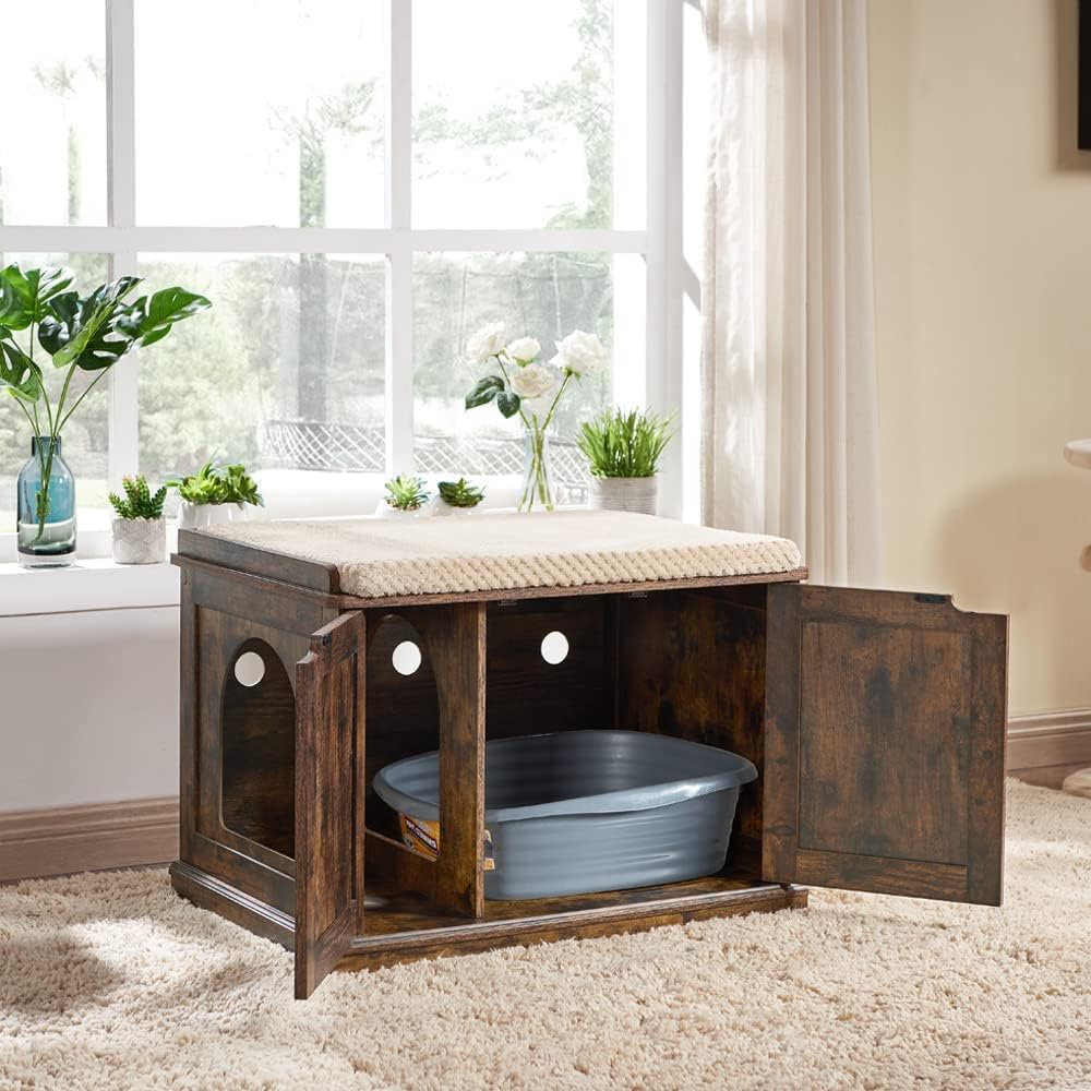 unipaws Extra Large Cat Litter Box Enclosure for Self-Cleaning & Automatic Litter Boxes, Tall Cabinet with Charging Station, Wooden Dog Proof Hidden Cat House for Top Entry Litter Box