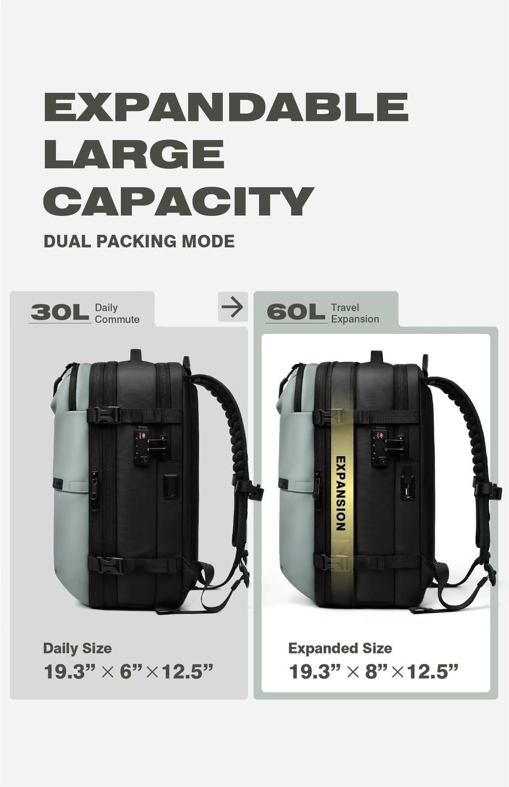 AirVault Vacuum Seal Travel Backpack 60L with Expandable HyperSeal Air Compression Vacuum System Water Resistant TSA Lock (Vacuum Pump Included, Black, 60L)