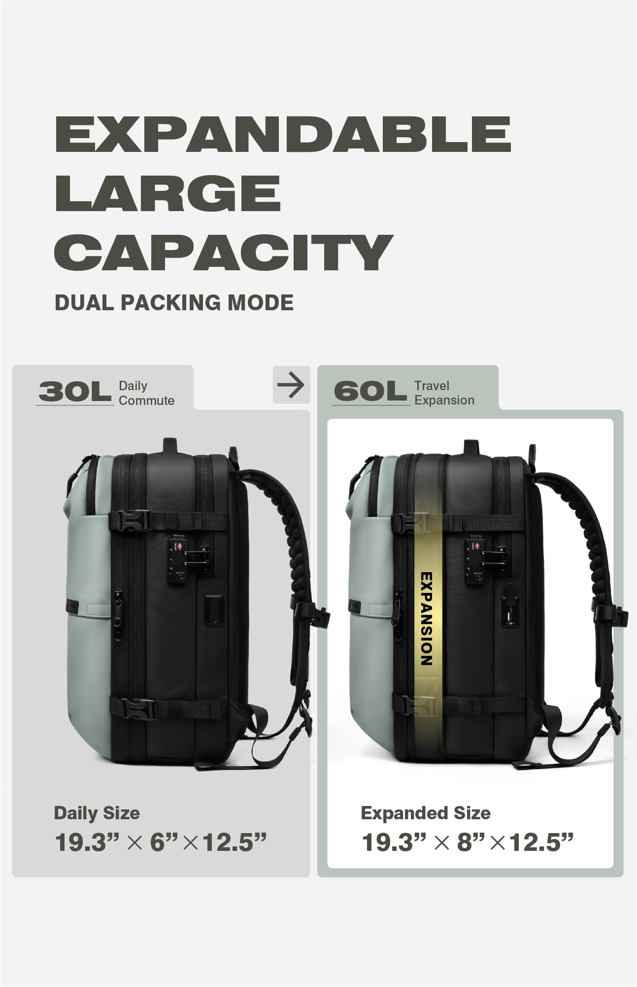 AirVault Vacuum Seal Travel Backpack 60L with Expandable HyperSeal Air Compression Vacuum System Water Resistant TSA Lock (Vacuum Pump Included, Black, 60L)