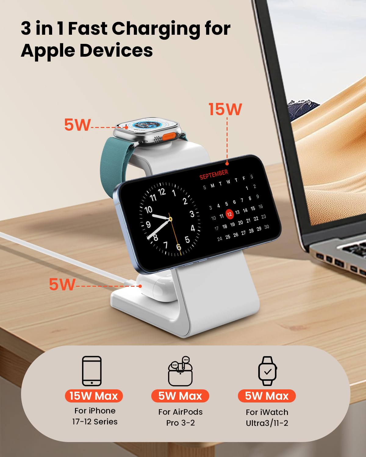 GEEKERA 3 in 1 Wireless Charging Station, Foldable Wireless Charger Stand for Multiple Apple Devices for iPhone 17 16-8, Apple Watch Ultra//11/10/9/SE/8/7/6/5, AirPods Pro/4/3/2