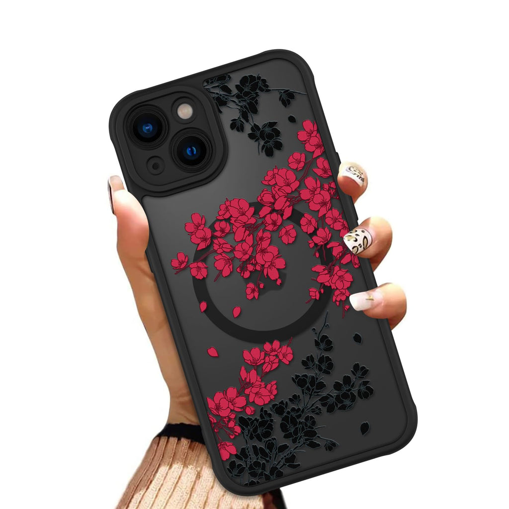 OOK Case for iPhone 11 6.1 Inch (Compatible with MagSafe) Floral Flowers Design Translucent Phone Cover Soft TPU + Hard PC Anti-Scratch Shockproof Magnetic Cute Case for Women - Red