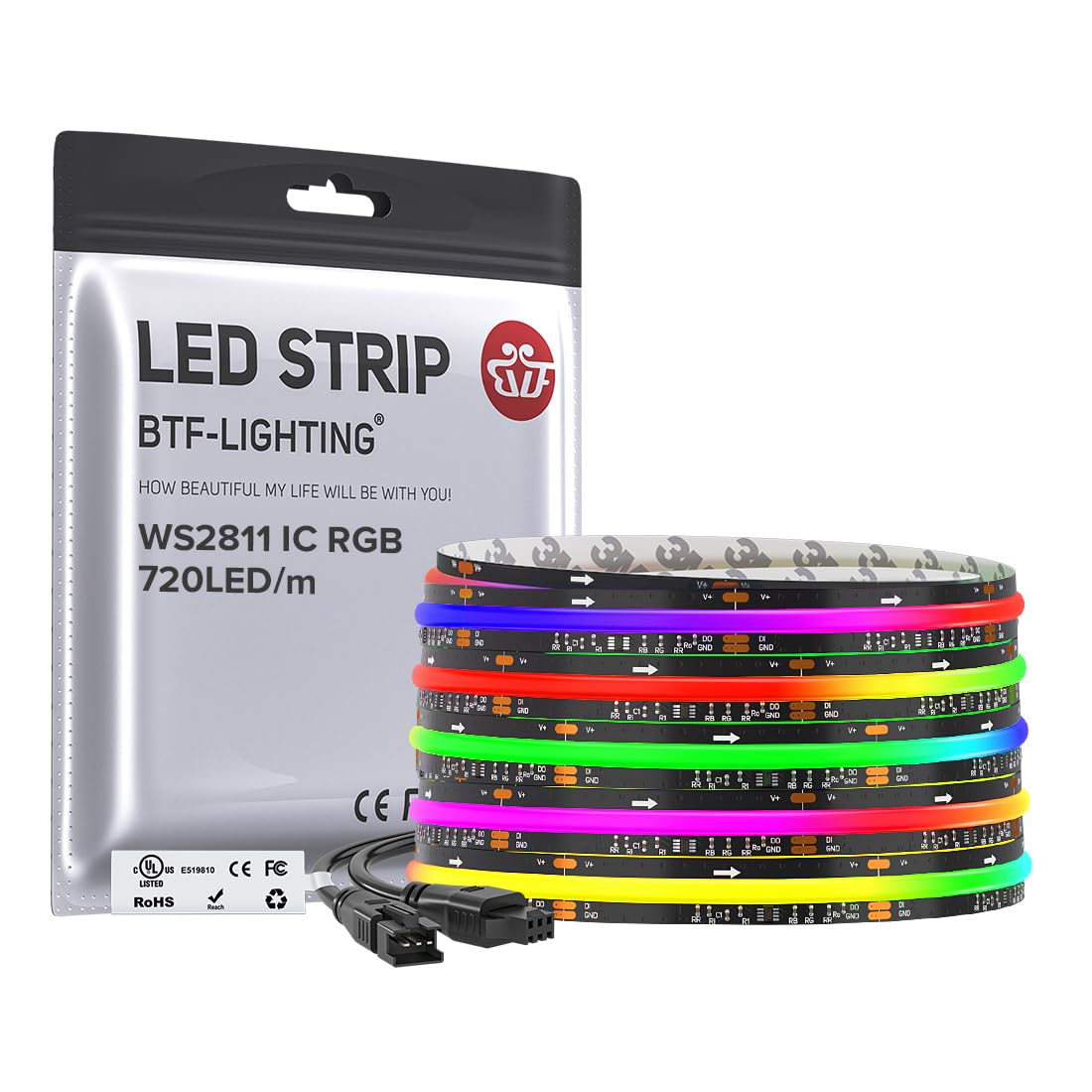 BTF-LIGHTING WS2811 Smart IC RGB FCOB COB LED Strip, UL Listed 630LEDs/m High Density Color Chasing Uniform Light, DC12V 12FT 10mm Width Tape Light for Home Party DIY Decor(No Adapter or Controller)